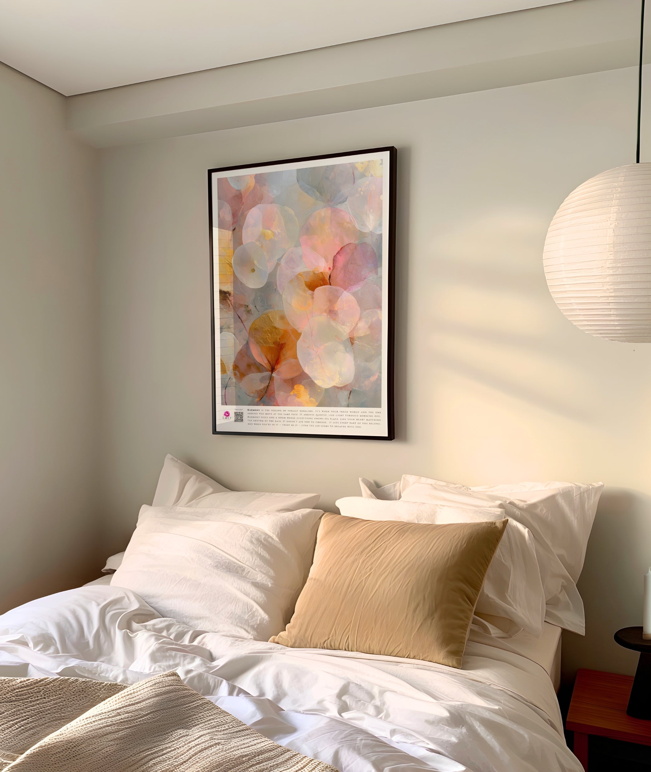 Fine art print from the Harmony collection featuring delicate overlapping petals in soft blush, peach, and ivory tones with subtle gold accents. A luminous, ethereal composition evoking balance, calm, and quiet elegance, perfect for serene modern interiors. Slow living art for mindful homes.