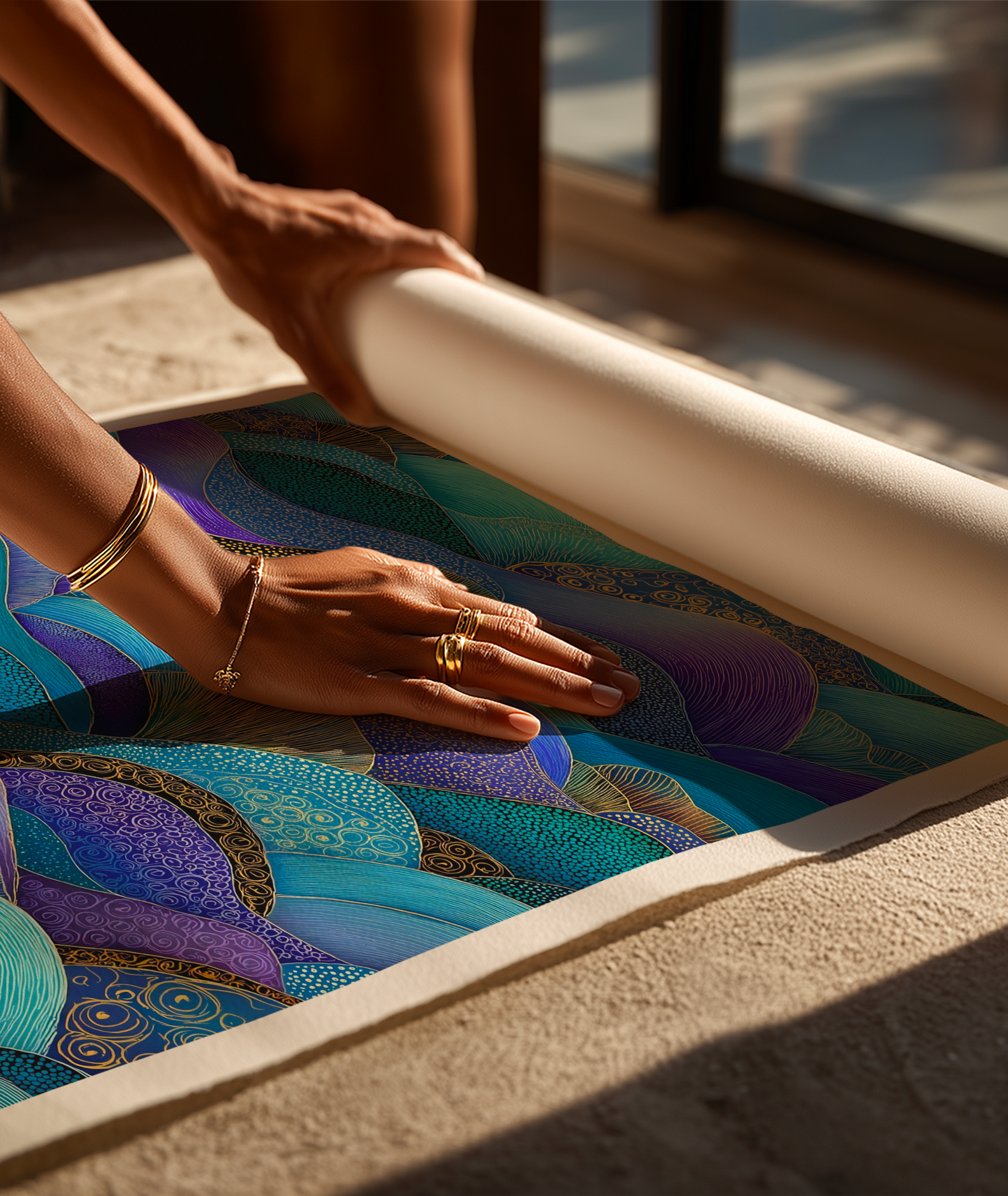 Illustrated digital waves in shades of turquoise, indigo and gold — a textured, intricate pattern that radiates romantic elegance and timeless beauty.