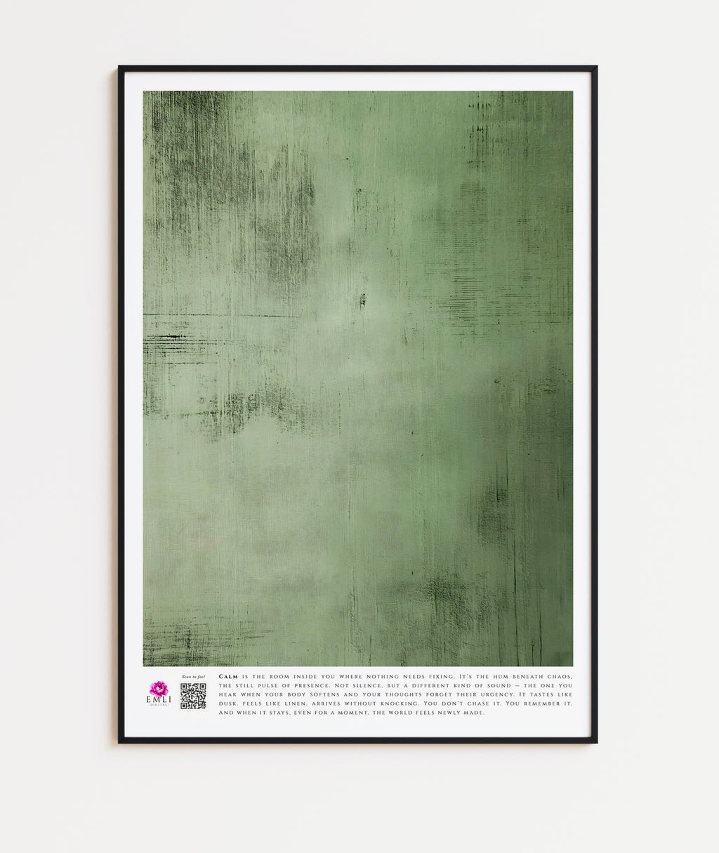 Minimalist green fine art print from the Emli Calm collection, textured with soft brush strokes to evoke serenity and slow living. A soothing wall art piece designed to inspire presence and inner stillness.