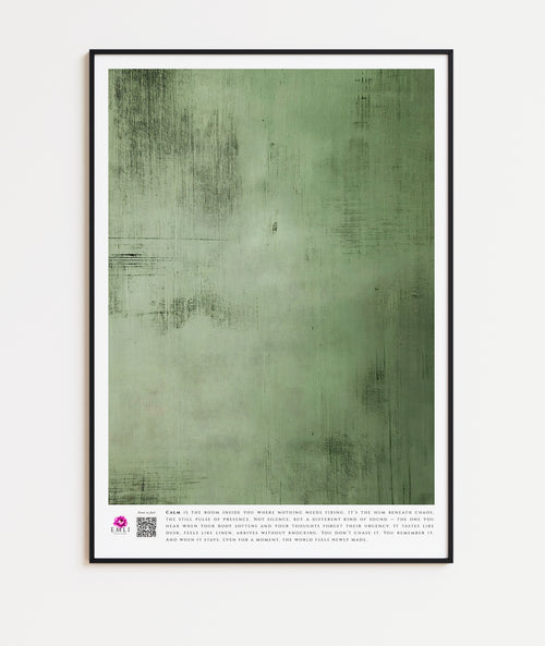 Minimalist green fine art print from the Emli Calm collection, textured with soft brush strokes to evoke serenity and slow living. A soothing wall art piece designed to inspire presence and inner stillness.