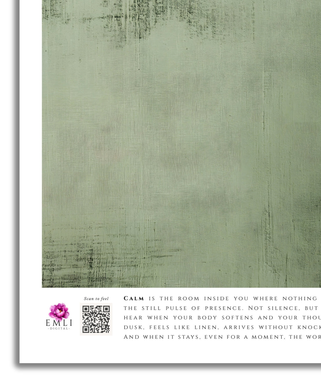 Minimalist green fine art print from the Emli Calm collection, textured with soft brush strokes to evoke serenity and slow living. A soothing wall art piece designed to inspire presence and inner stillness.