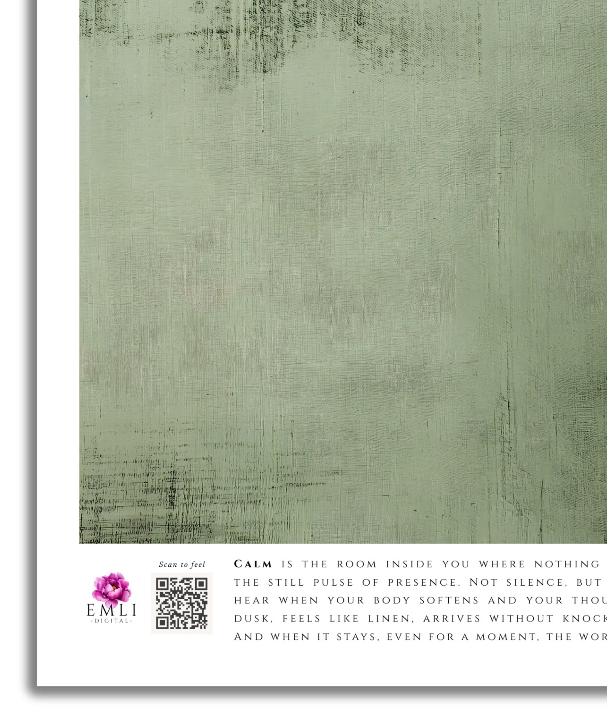 Minimalist green fine art print from the Emli Calm collection, textured with soft brush strokes to evoke serenity and slow living. A soothing wall art piece designed to inspire presence and inner stillness.