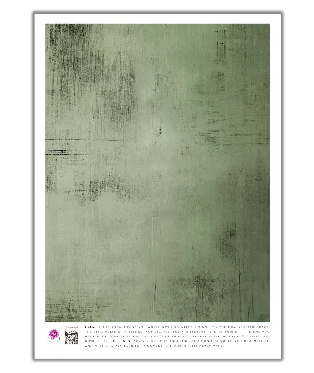 Minimalist green fine art print from the Emli Calm collection, textured with soft brush strokes to evoke serenity and slow living. A soothing wall art piece designed to inspire presence and inner stillness.