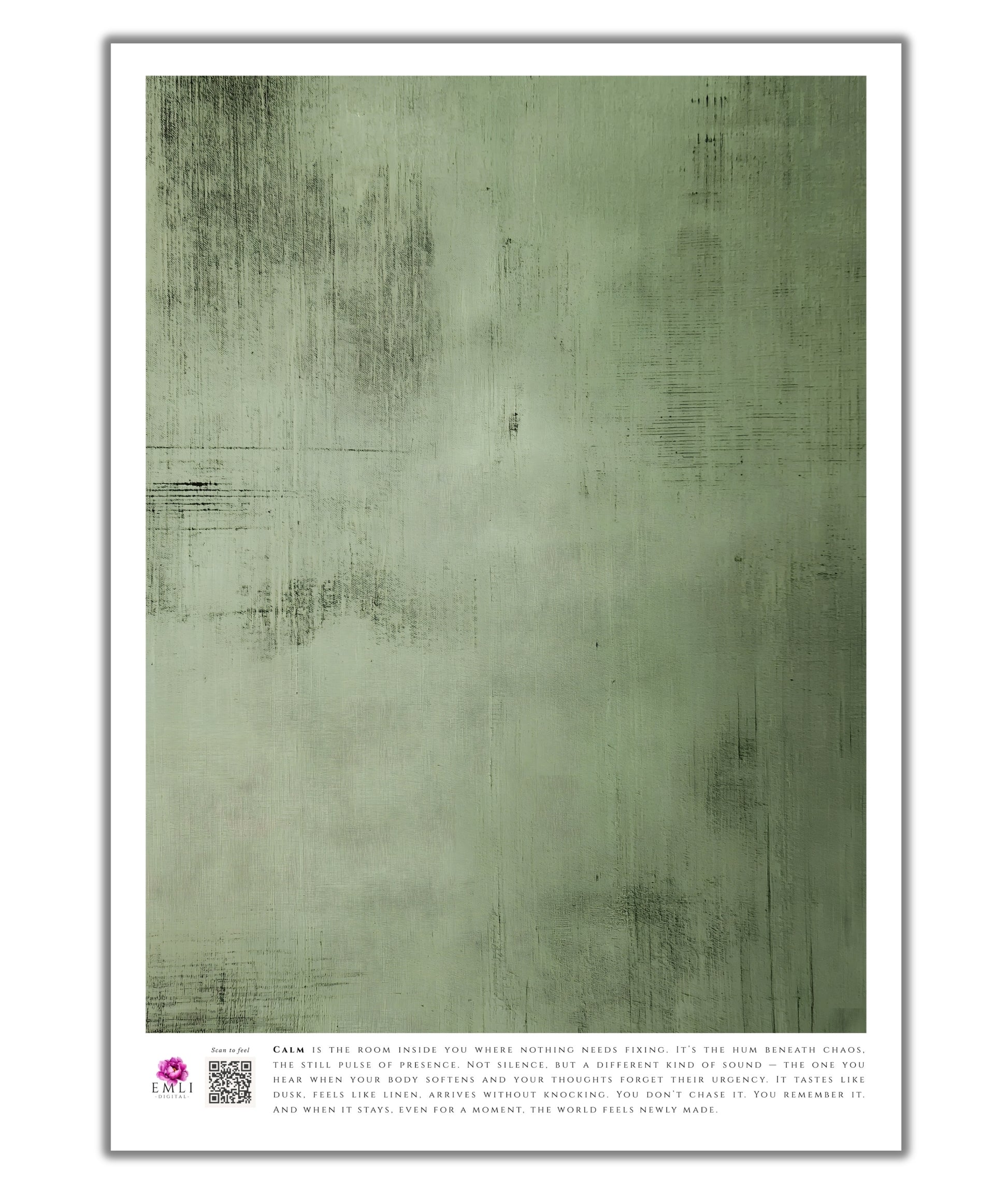 Minimalist green fine art print from the Emli Calm collection, textured with soft brush strokes to evoke serenity and slow living. A soothing wall art piece designed to inspire presence and inner stillness.