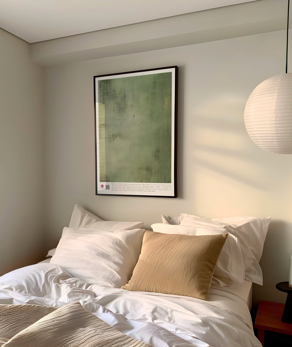 Minimalist green fine art print from the Emli Calm collection, textured with soft brush strokes to evoke serenity and slow living. A soothing wall art piece designed to inspire presence and inner stillness.