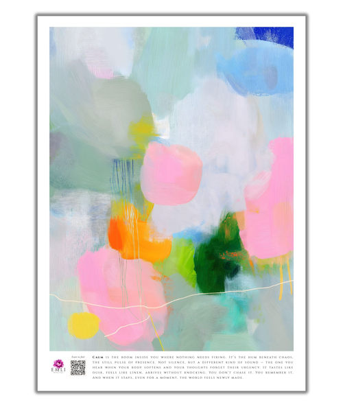 Digital abstract painting in gentle greens, blues and blush tones — airy brushstrokes and floating shapes create a tranquil, dreamy mood.