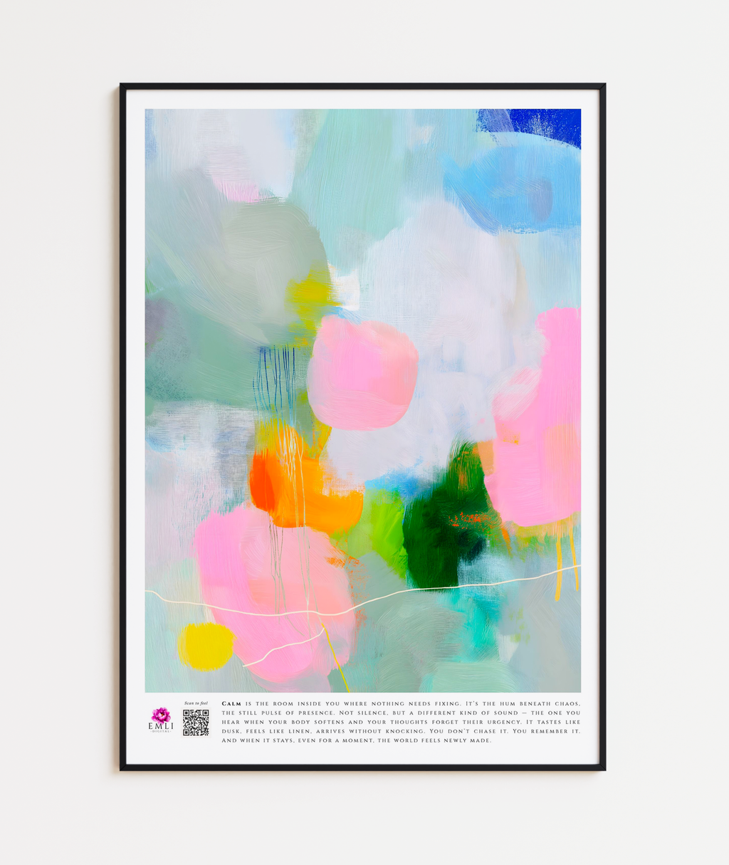 Digital abstract painting in gentle greens, blues and blush tones — airy brushstrokes and floating shapes create a tranquil, dreamy mood.
