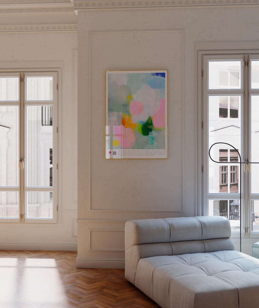 Digital abstract painting in gentle greens, blues and blush tones — airy brushstrokes and floating shapes create a tranquil, dreamy mood.