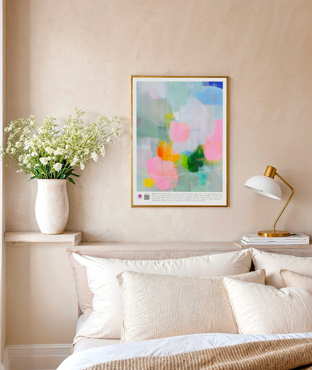 Digital abstract painting in gentle greens, blues and blush tones — airy brushstrokes and floating shapes create a tranquil, dreamy mood.