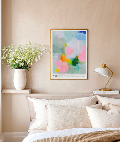 Digital abstract painting in gentle greens, blues and blush tones — airy brushstrokes and floating shapes create a tranquil, dreamy mood.