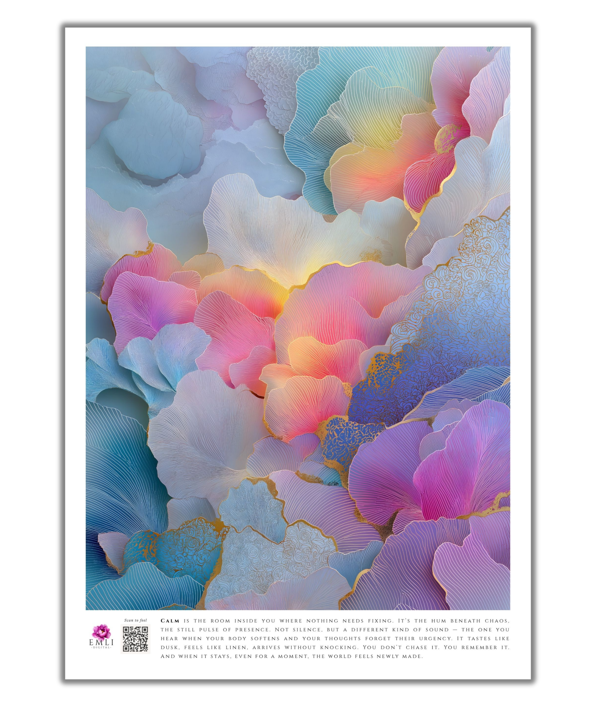 Layered digital floral print in shades of mauve, pink and golden light — elegant and harmonious, like petals suspended in silence.