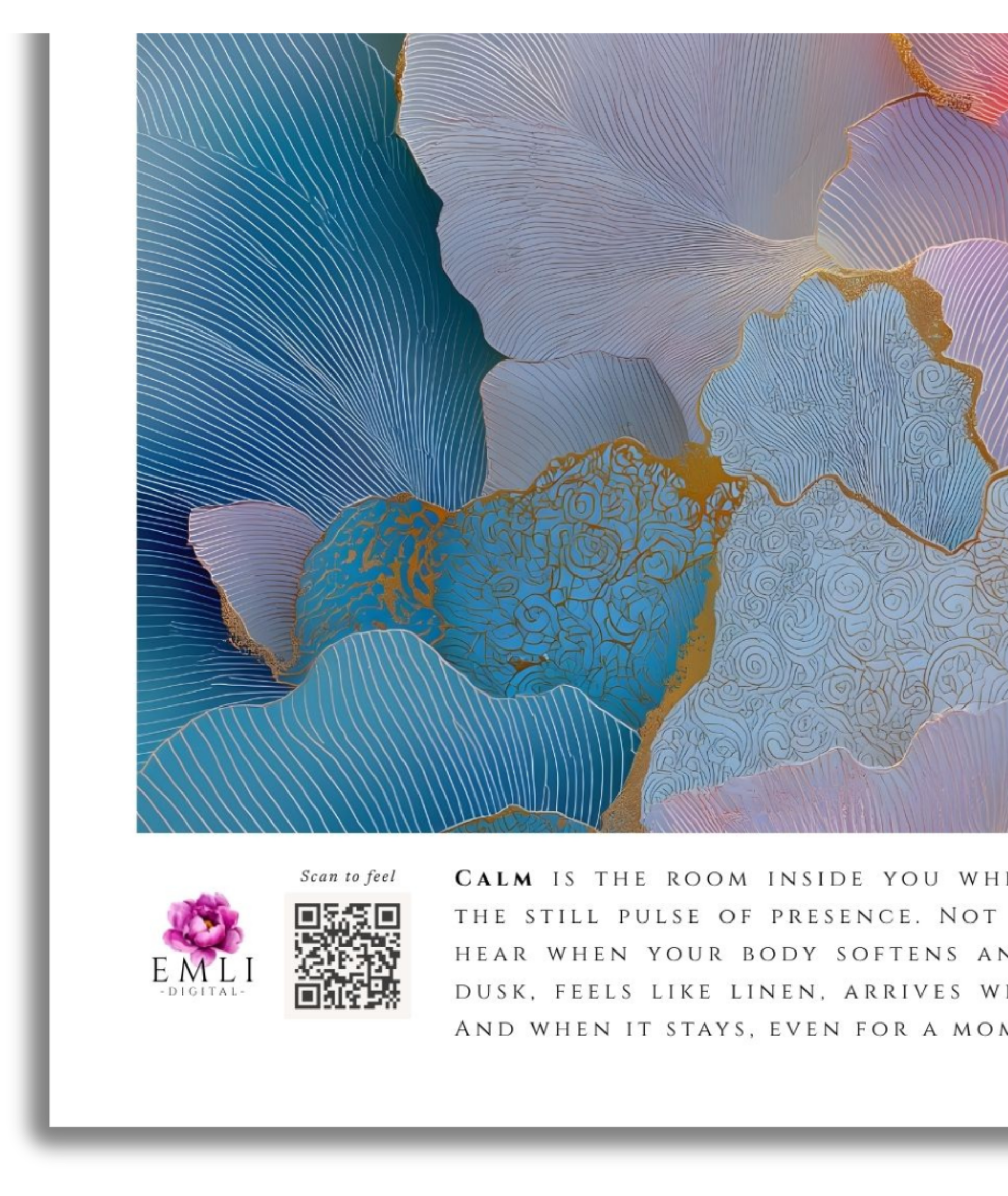 Layered digital floral print in shades of mauve, pink and golden light — elegant and harmonious, like petals suspended in silence.