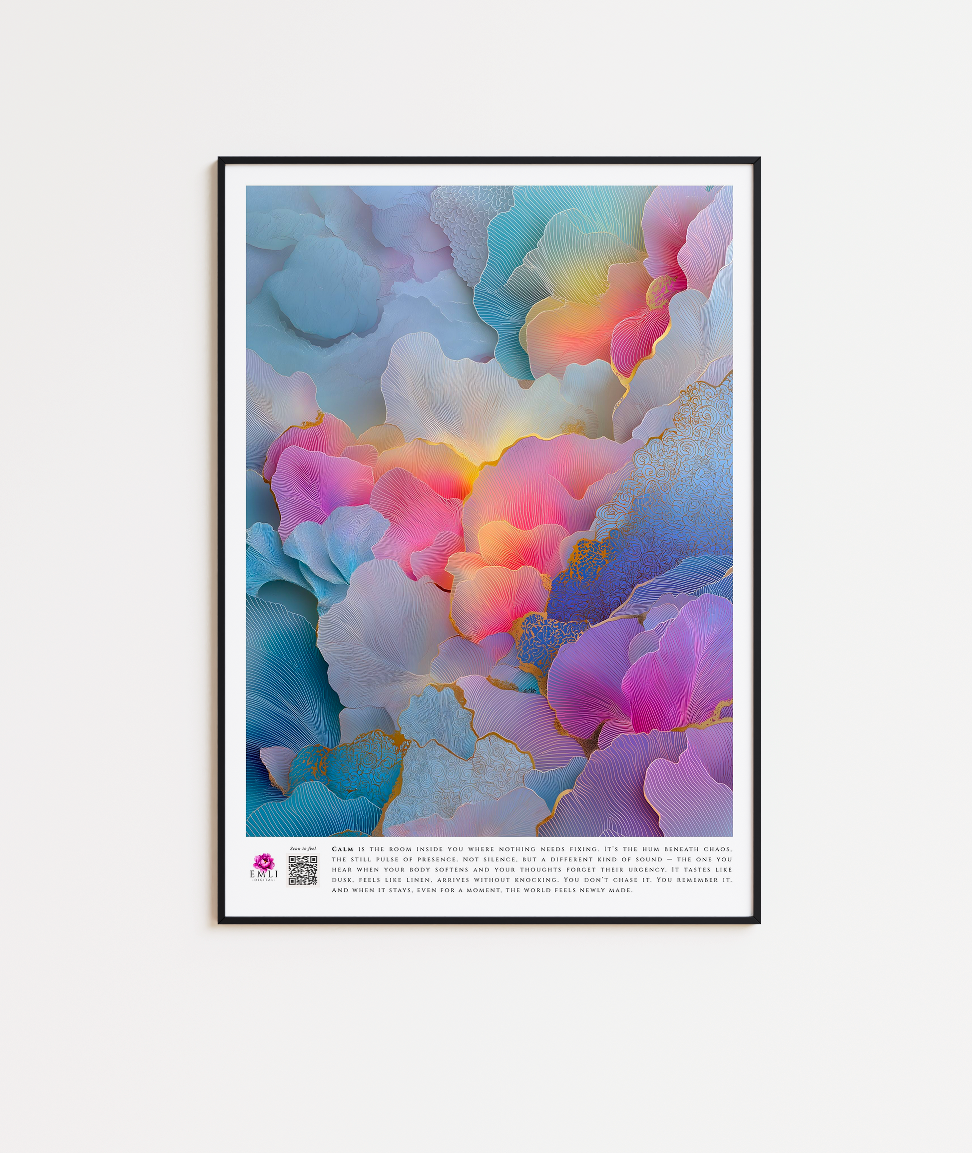 Layered digital floral print in shades of mauve, pink and golden light — elegant and harmonious, like petals suspended in silence.