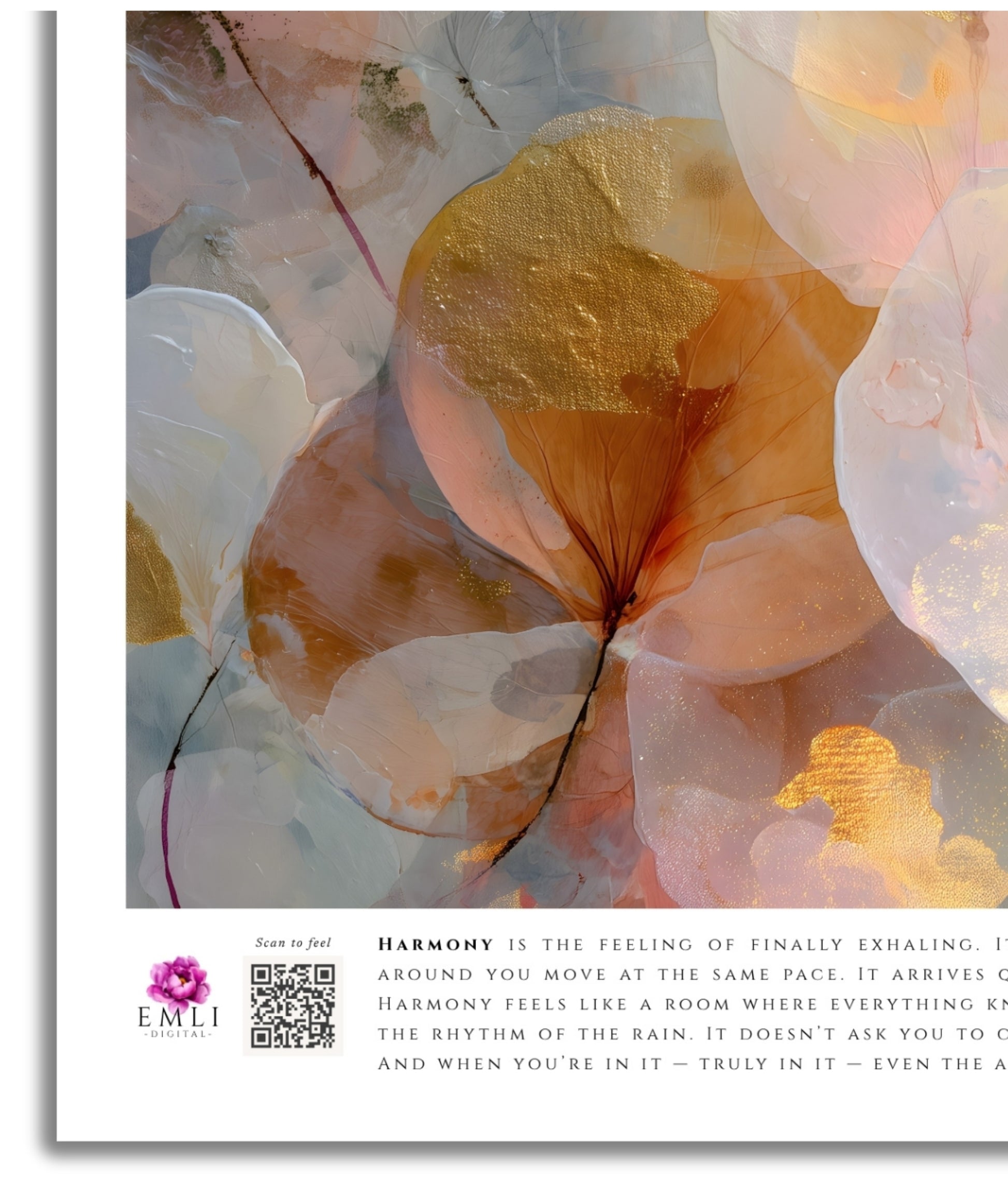 Fine art print from the Harmony collection featuring delicate overlapping petals in soft blush, peach, and ivory tones with subtle gold accents. A luminous, ethereal composition evoking balance, calm, and quiet elegance, perfect for serene modern interiors. Slow living art for mindful homes.
