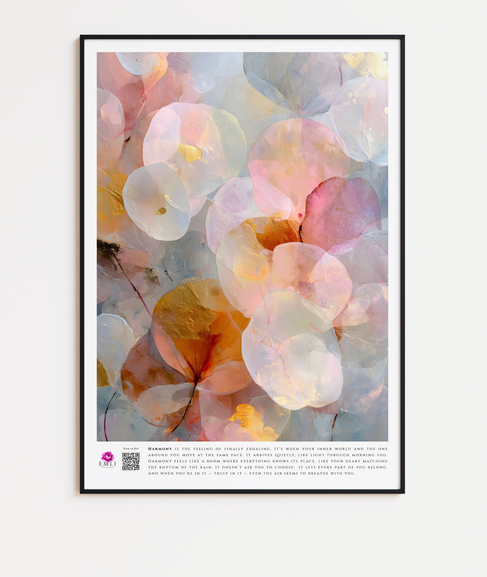 Fine art print from the Harmony collection featuring delicate overlapping petals in soft blush, peach, and ivory tones with subtle gold accents. A luminous, ethereal composition evoking balance, calm, and quiet elegance, perfect for serene modern interiors. Slow living art for mindful homes.