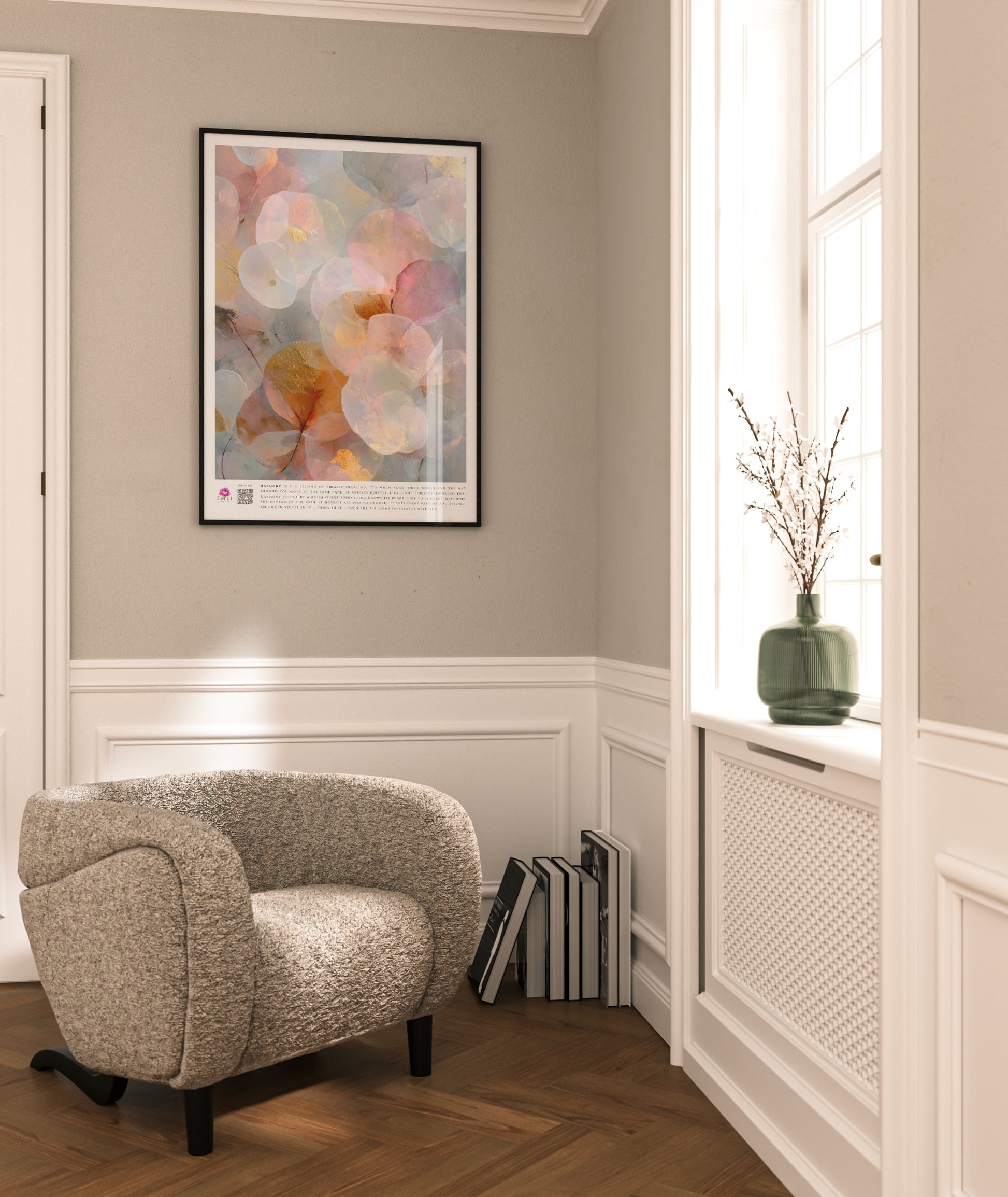 Fine art print from the Harmony collection featuring delicate overlapping petals in soft blush, peach, and ivory tones with subtle gold accents. A luminous, ethereal composition evoking balance, calm, and quiet elegance, perfect for serene modern interiors. Slow living art for mindful homes.