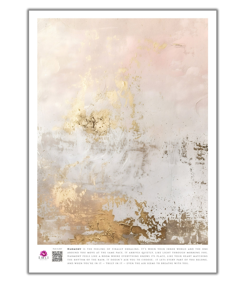Minimalist fine art print from the Harmony collection featuring soft blush and ivory gradients with textured gold leaf accents. A serene and sophisticated abstract composition evoking light, balance, and quiet luxury, perfect for contemporary interiors. Slow living art for mindful homes.