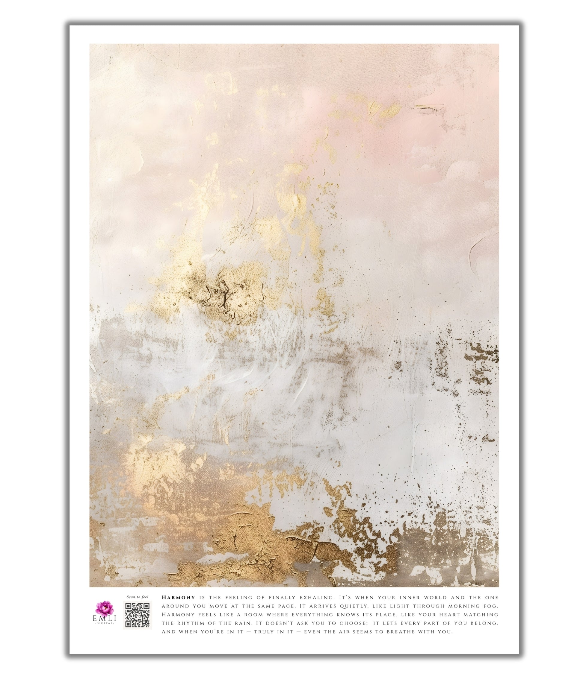Minimalist fine art print from the Harmony collection featuring soft blush and ivory gradients with textured gold leaf accents. A serene and sophisticated abstract composition evoking light, balance, and quiet luxury, perfect for contemporary interiors. Slow living art for mindful homes.
