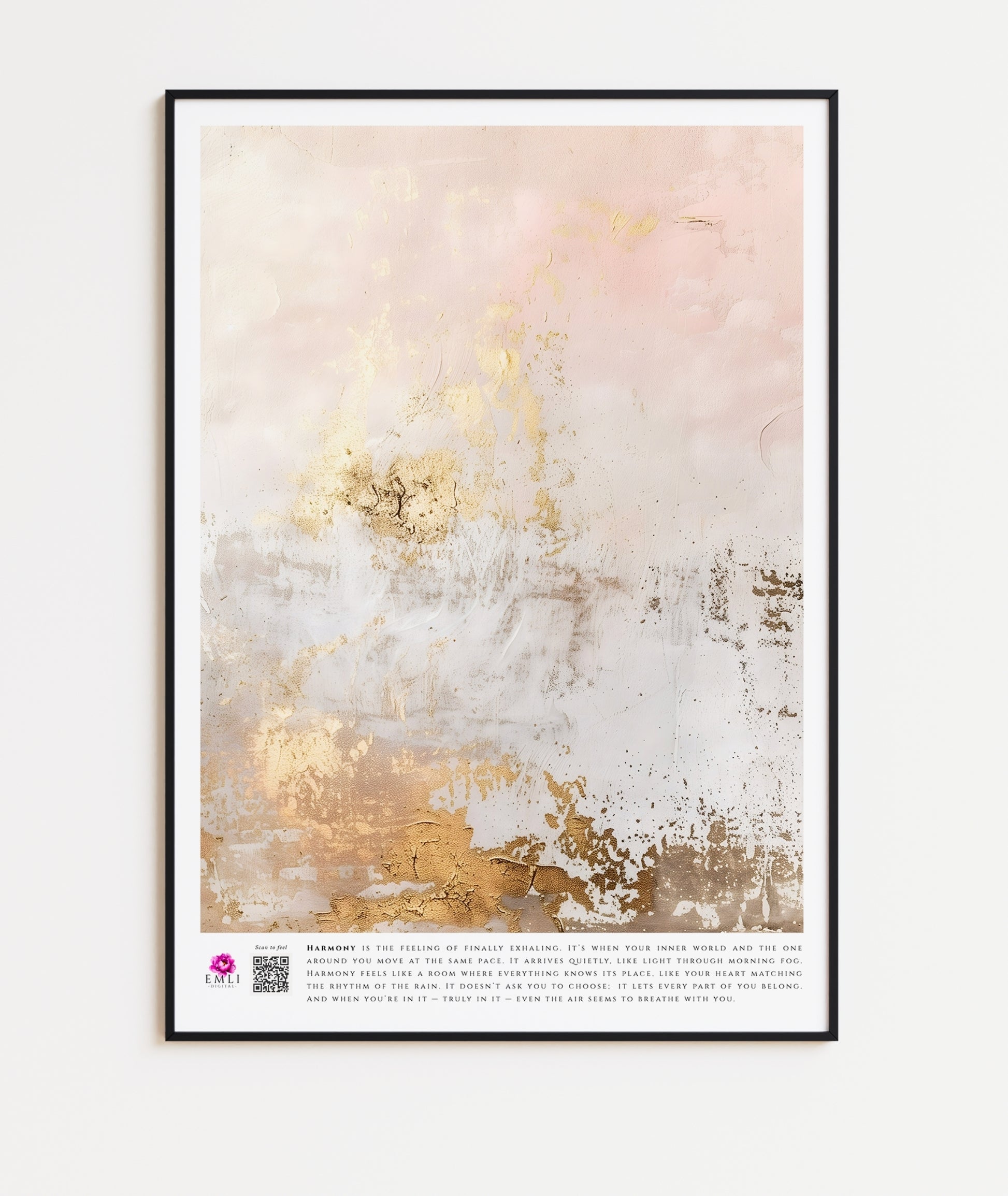 Minimalist fine art print from the Harmony collection featuring soft blush and ivory gradients with textured gold leaf accents. A serene and sophisticated abstract composition evoking light, balance, and quiet luxury, perfect for contemporary interiors. Slow living art for mindful homes.