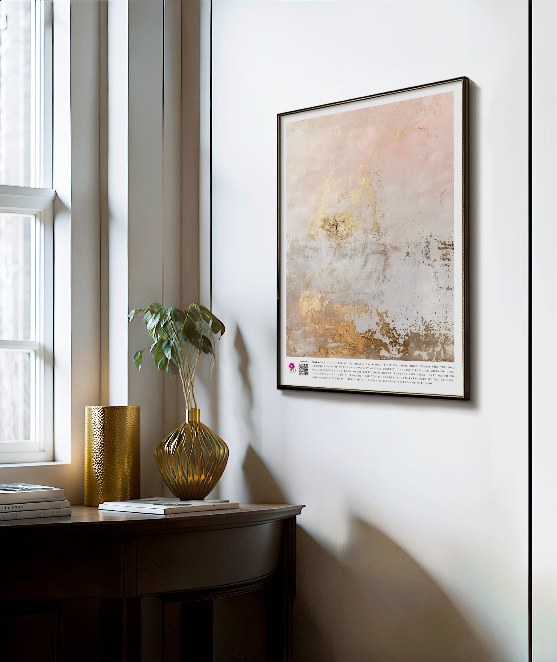 Minimalist fine art print from the Harmony collection featuring soft blush and ivory gradients with textured gold leaf accents. A serene and sophisticated abstract composition evoking light, balance, and quiet luxury, perfect for contemporary interiors. Slow living art for mindful homes.
