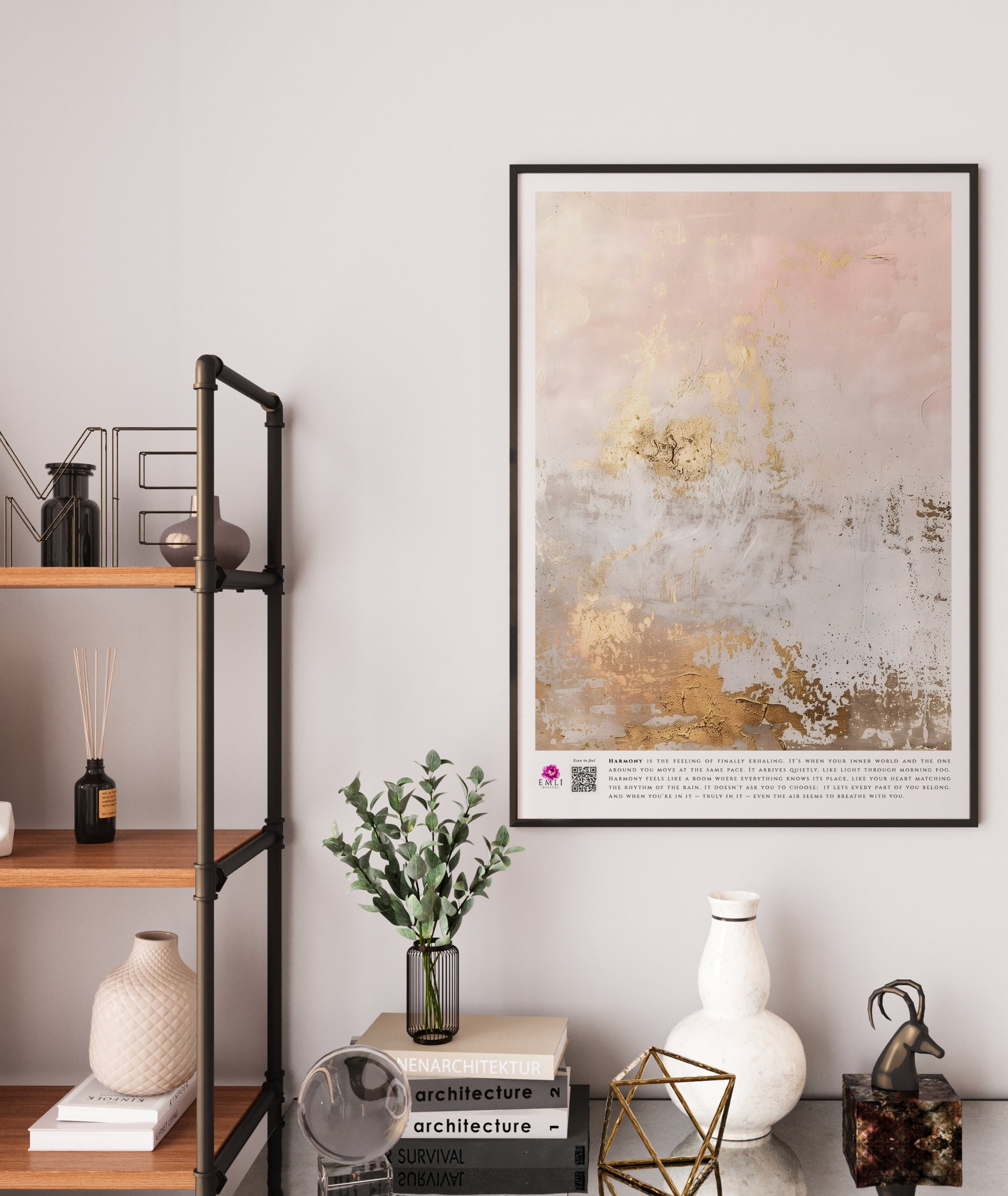 Minimalist fine art print from the Harmony collection featuring soft blush and ivory gradients with textured gold leaf accents. A serene and sophisticated abstract composition evoking light, balance, and quiet luxury, perfect for contemporary interiors. Slow living art for mindful homes.