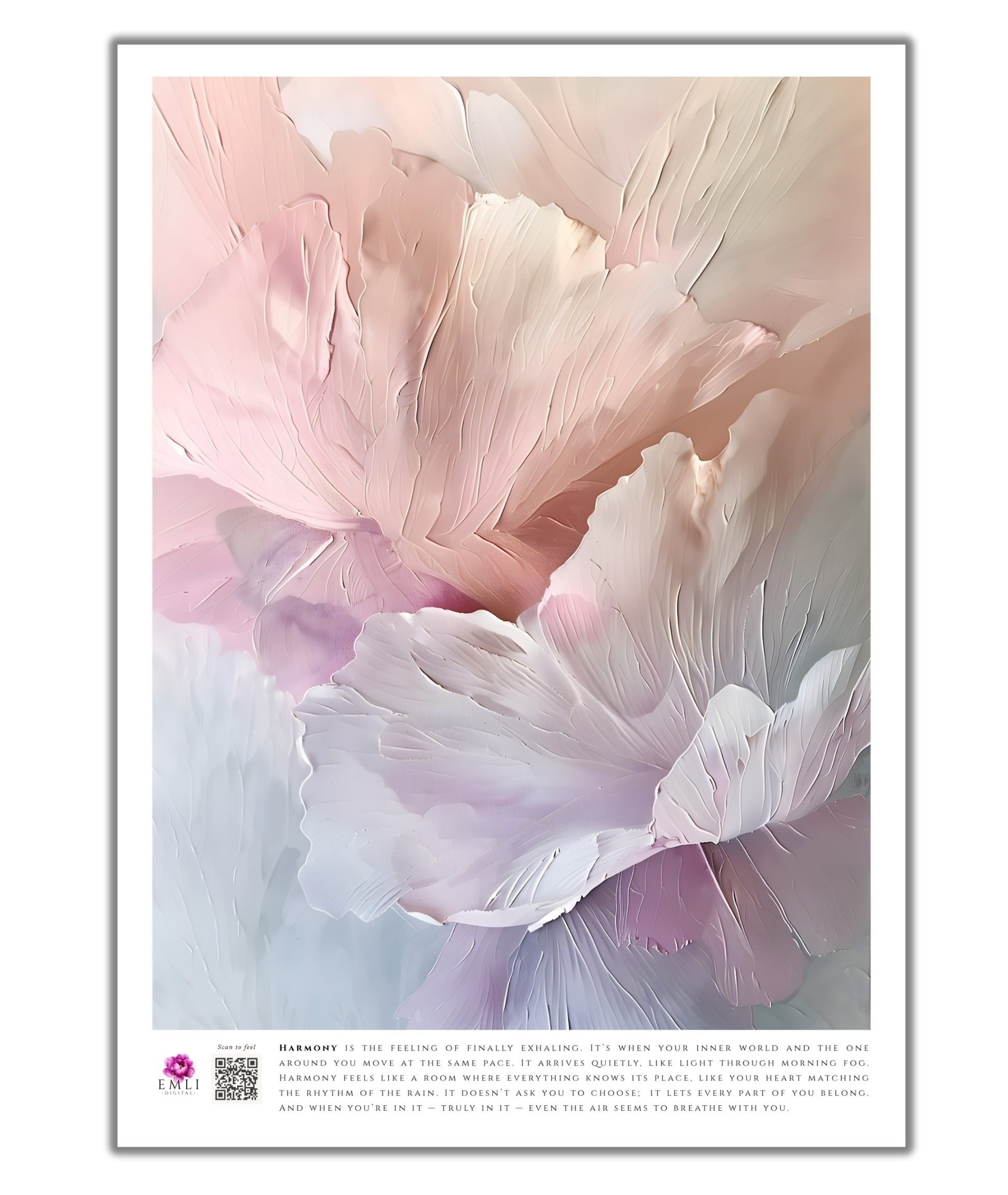 Fine art print from the Harmony collection featuring delicate abstract petals in soft blush, ivory, and lavender tones. Rich painterly textures create depth and movement, evoking serenity, elegance, and a sense of quiet balance, ideal for refined modern interiors. Slow living art for mindful homes.