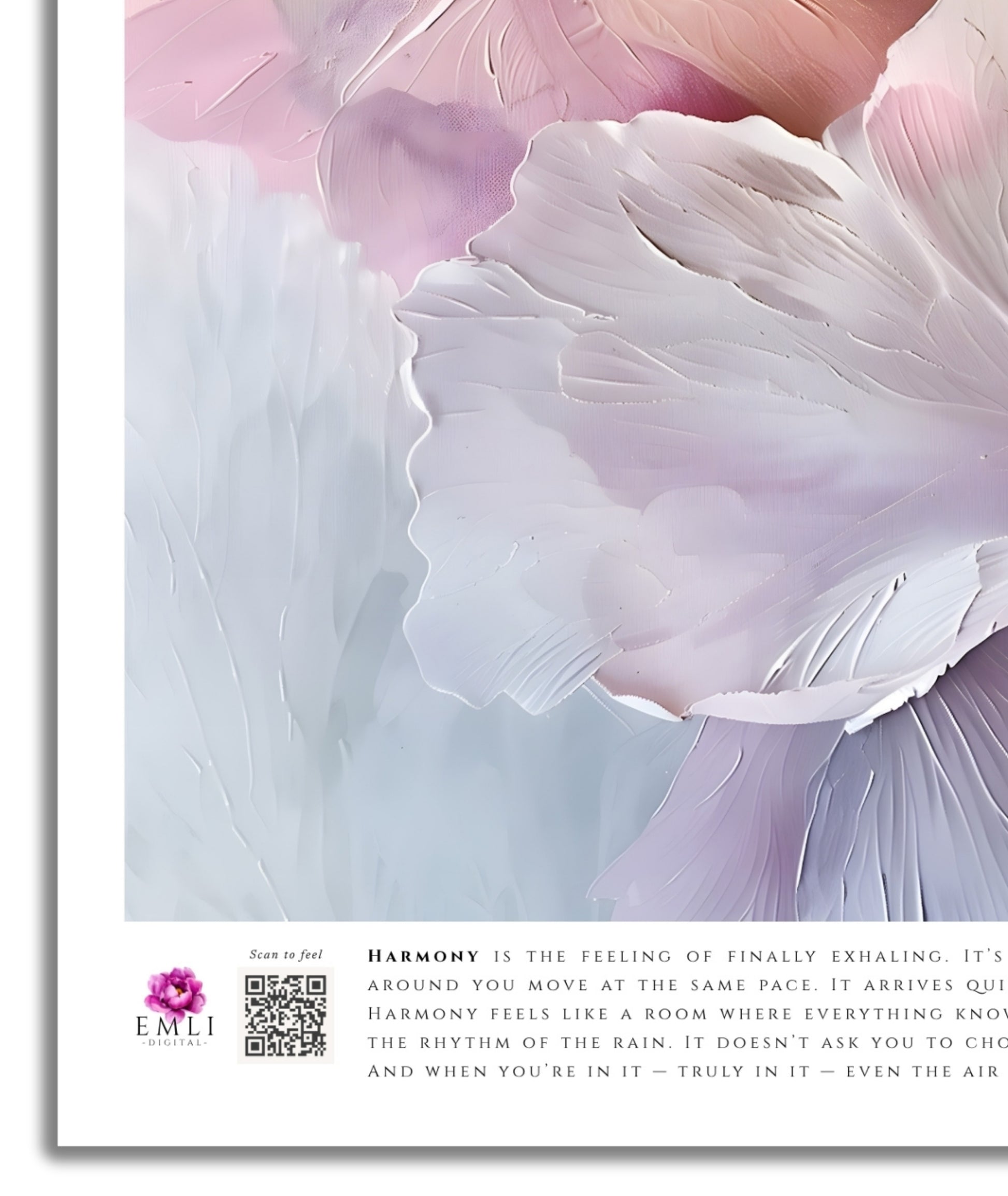 Fine art print from the Harmony collection featuring delicate abstract petals in soft blush, ivory, and lavender tones. Rich painterly textures create depth and movement, evoking serenity, elegance, and a sense of quiet balance, ideal for refined modern interiors. Slow living art for mindful homes.