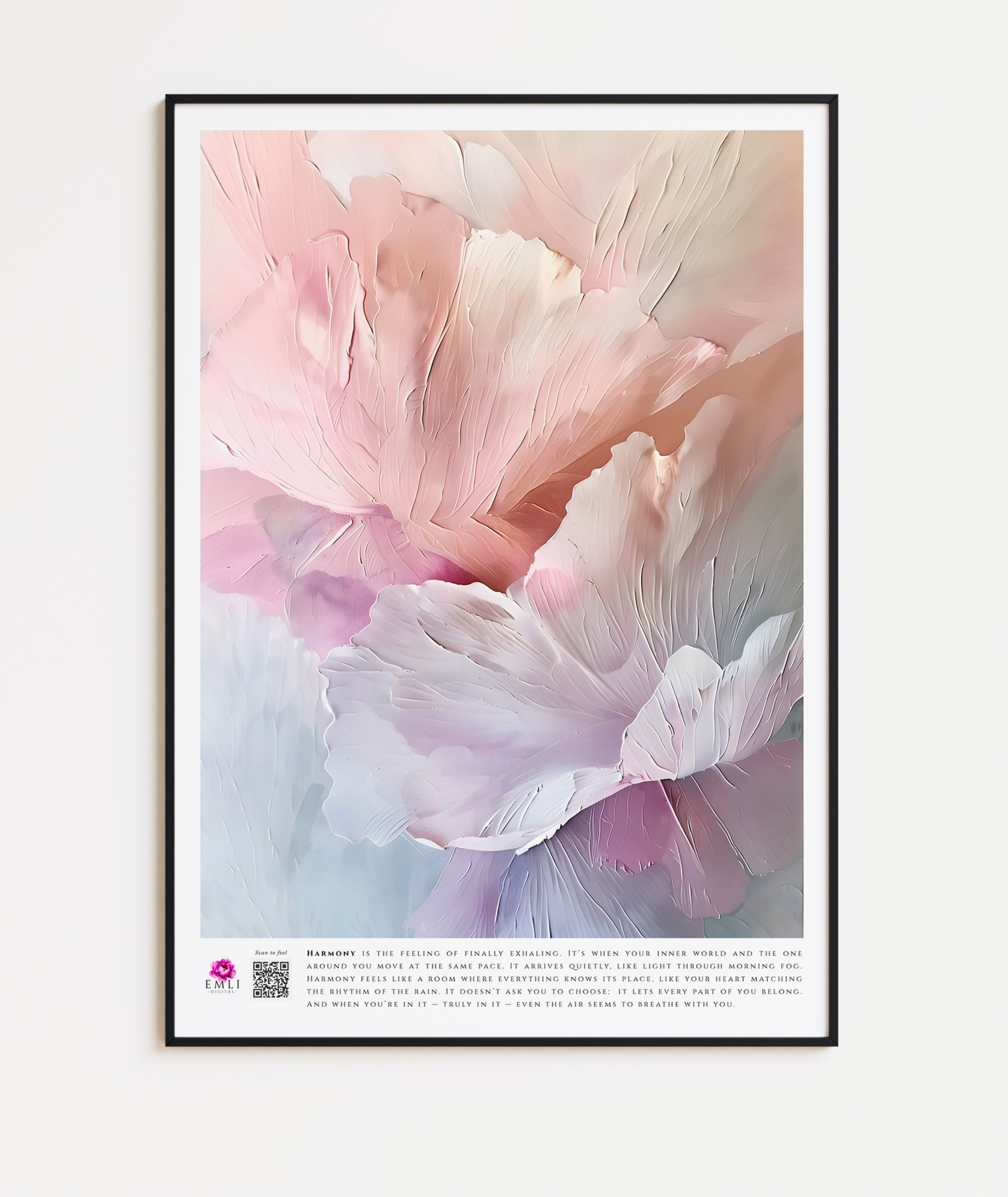 Fine art print from the Harmony collection featuring delicate abstract petals in soft blush, ivory, and lavender tones. Rich painterly textures create depth and movement, evoking serenity, elegance, and a sense of quiet balance, ideal for refined modern interiors. Slow living art for mindful homes.