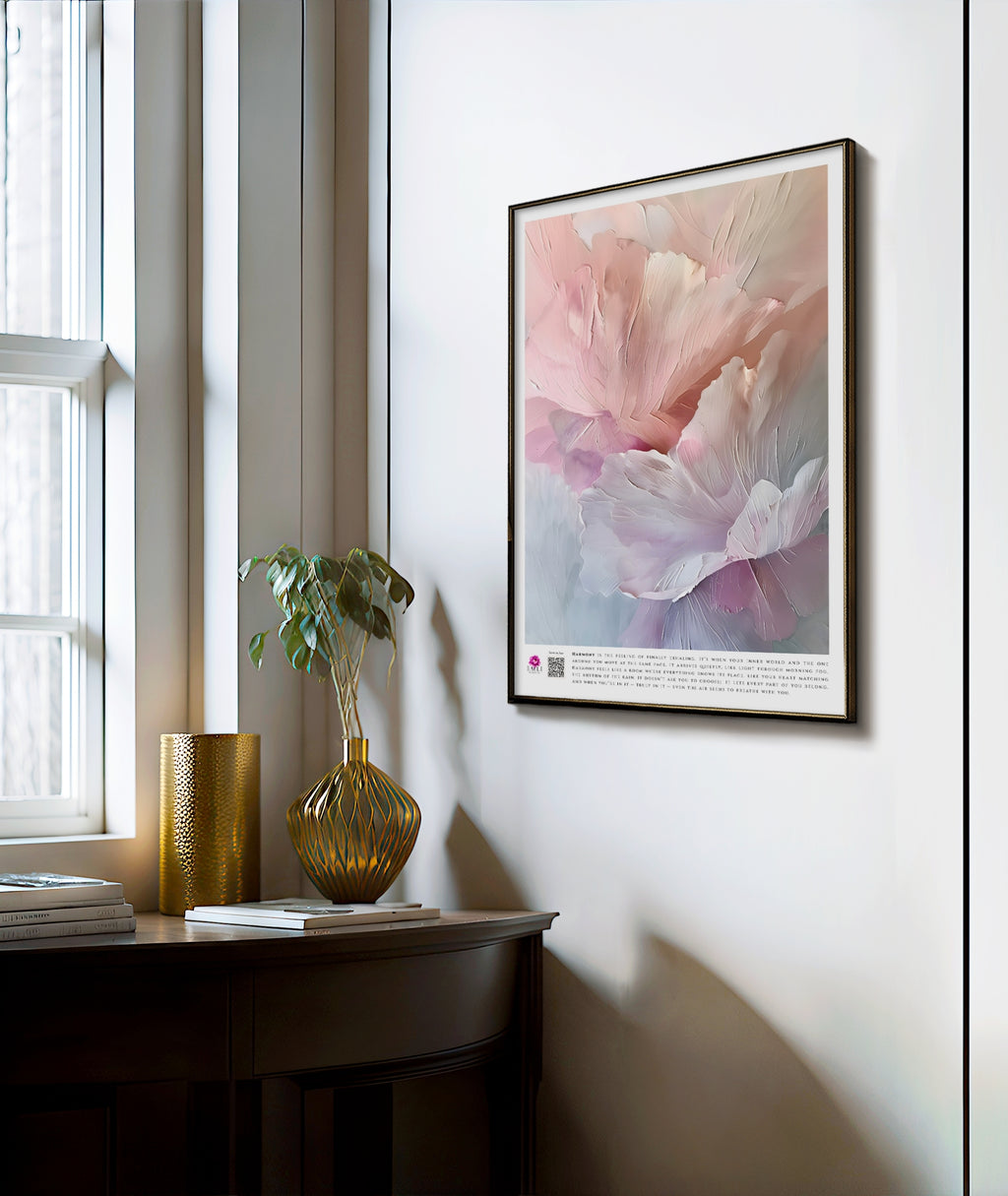 Fine art print from the Harmony collection featuring delicate abstract petals in soft blush, ivory, and lavender tones. Rich painterly textures create depth and movement, evoking serenity, elegance, and a sense of quiet balance, ideal for refined modern interiors. Slow living art for mindful homes.