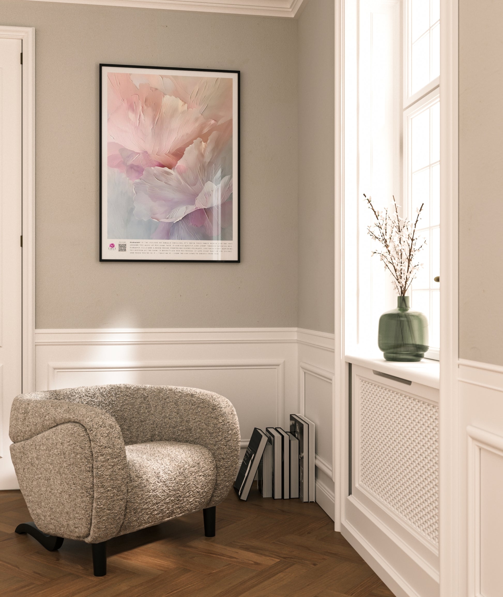 Fine art print from the Harmony collection featuring delicate abstract petals in soft blush, ivory, and lavender tones. Rich painterly textures create depth and movement, evoking serenity, elegance, and a sense of quiet balance, ideal for refined modern interiors. Slow living art for mindful homes.