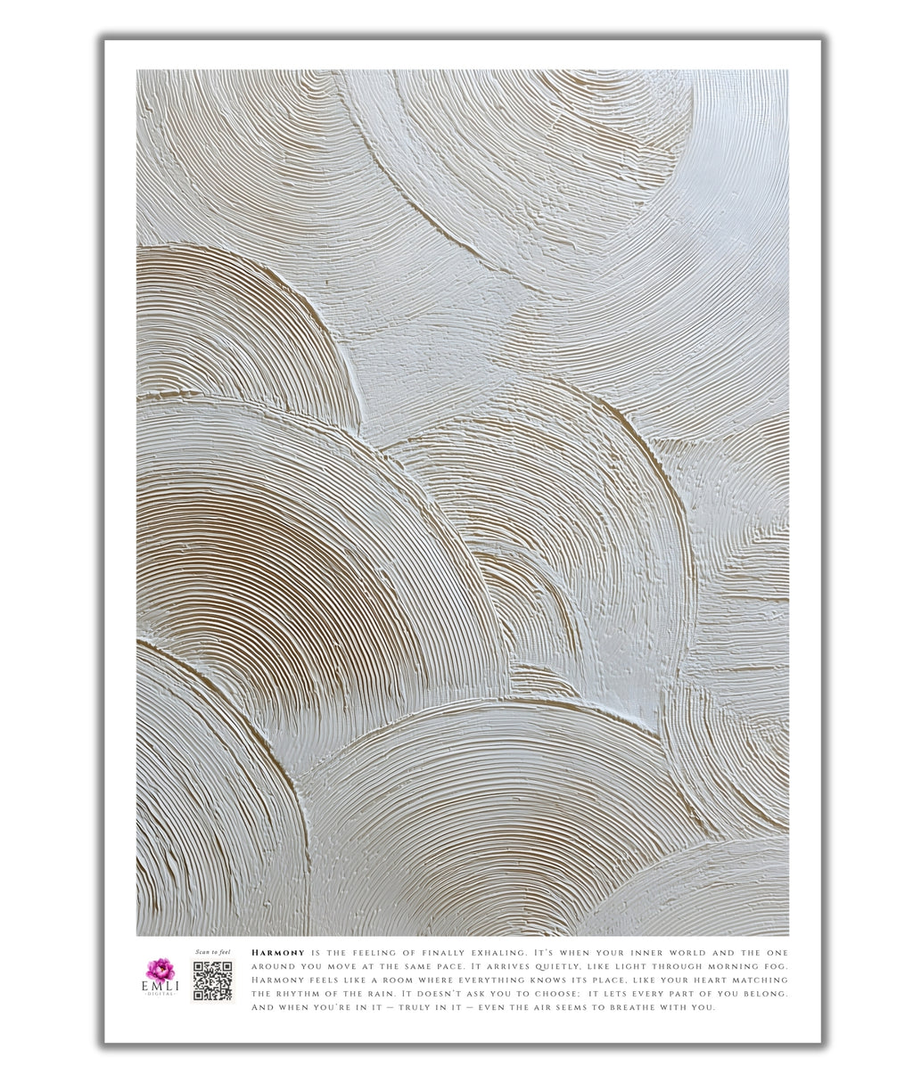 Minimalist fine art print from the Harmony collection featuring textured concentric brushstrokes in warm ivory and beige tones. The raised circular patterns create depth and movement, evoking calm, balance, and a refined organic elegance. Slow living art for mindful homes.