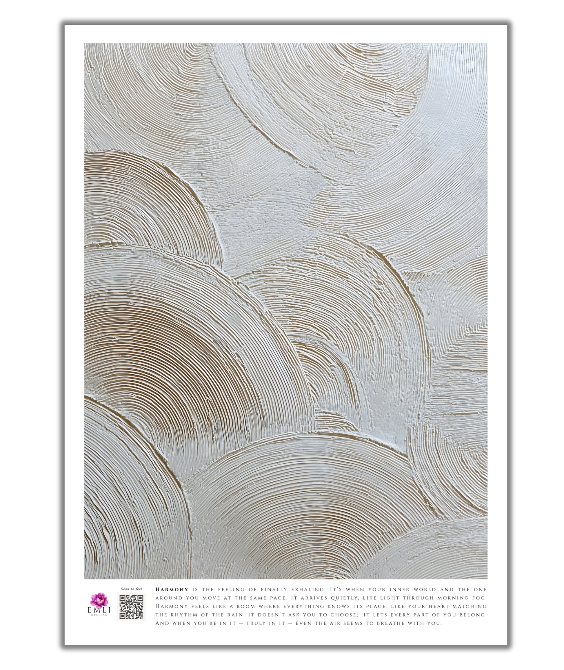 Minimalist fine art print from the Harmony collection featuring textured concentric brushstrokes in warm ivory and beige tones. The raised circular patterns create depth and movement, evoking calm, balance, and a refined organic elegance. Slow living art for mindful homes.
