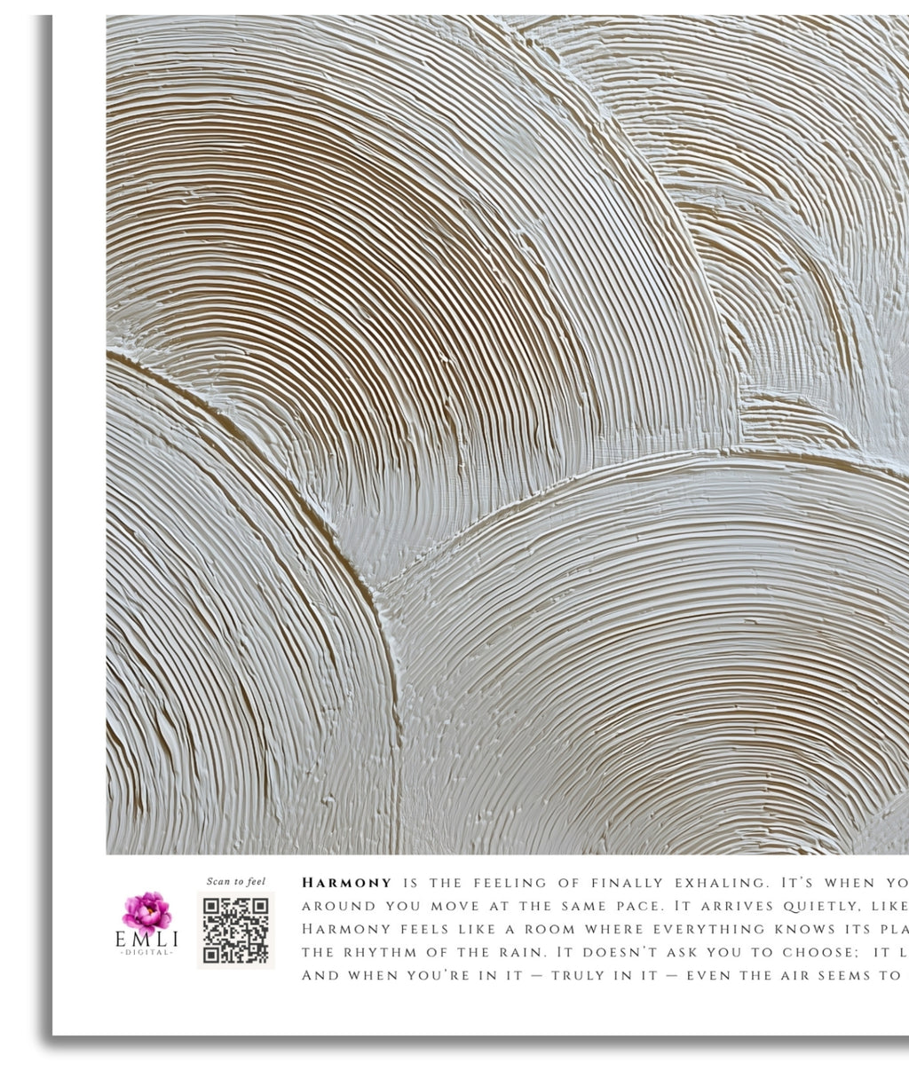 Minimalist fine art print from the Harmony collection featuring textured concentric brushstrokes in warm ivory and beige tones. The raised circular patterns create depth and movement, evoking calm, balance, and a refined organic elegance. Slow living art for mindful homes.