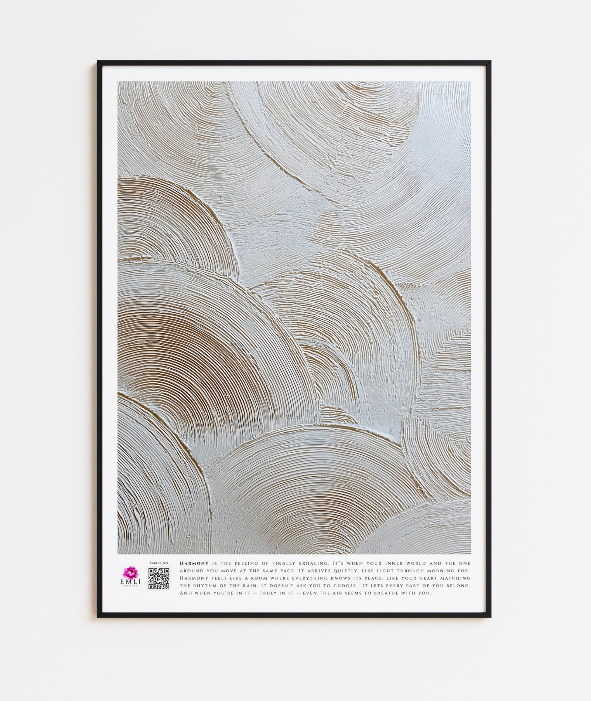 Minimalist fine art print from the Harmony collection featuring textured concentric brushstrokes in warm ivory and beige tones. The raised circular patterns create depth and movement, evoking calm, balance, and a refined organic elegance. Slow living art for mindful homes.