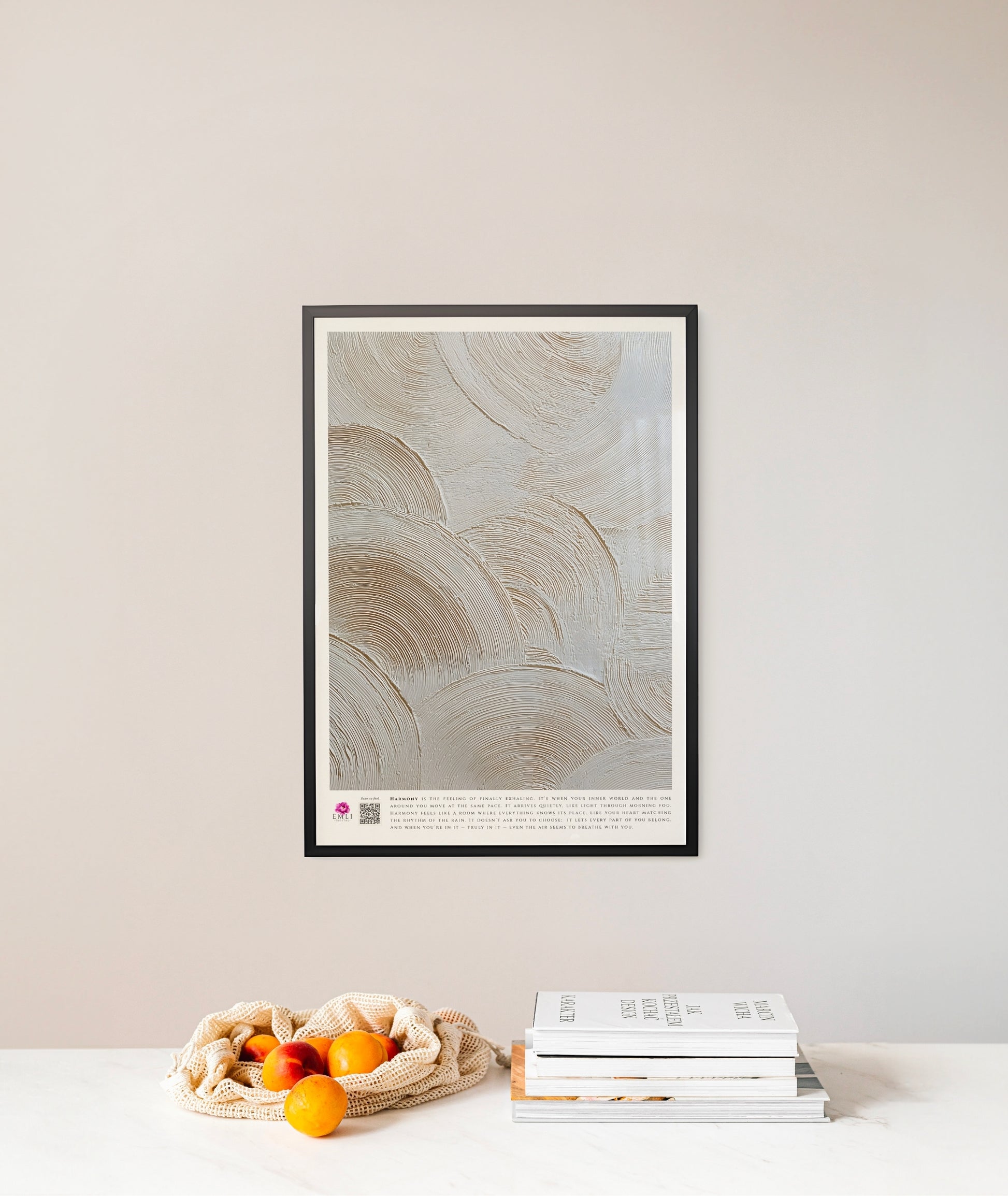 Minimalist fine art print from the Harmony collection featuring textured concentric brushstrokes in warm ivory and beige tones. The raised circular patterns create depth and movement, evoking calm, balance, and a refined organic elegance. Slow living art for mindful homes.