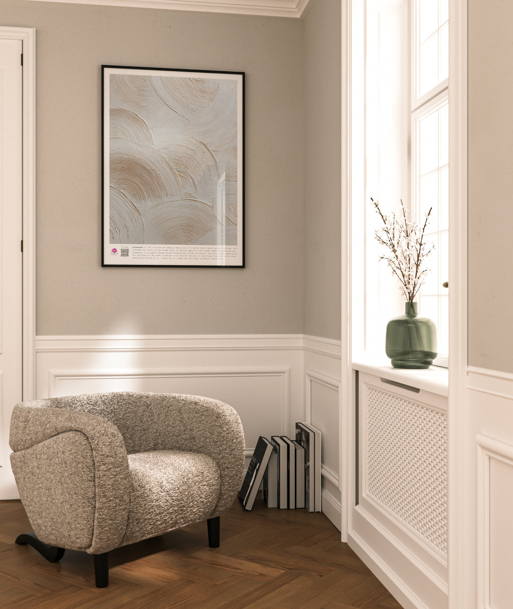 Minimalist fine art print from the Harmony collection featuring textured concentric brushstrokes in warm ivory and beige tones. The raised circular patterns create depth and movement, evoking calm, balance, and a refined organic elegance. Slow living art for mindful homes.