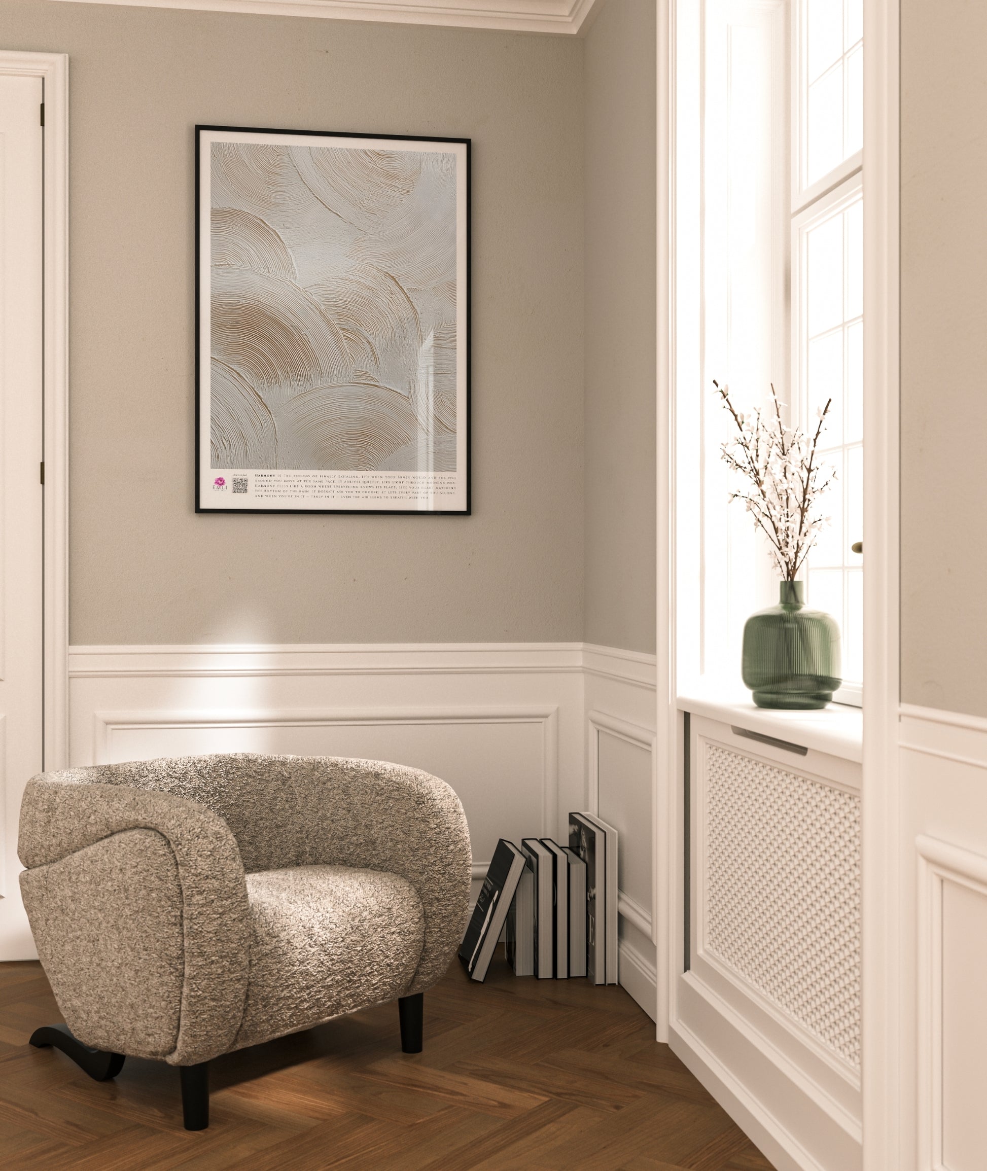 Minimalist fine art print from the Harmony collection featuring textured concentric brushstrokes in warm ivory and beige tones. The raised circular patterns create depth and movement, evoking calm, balance, and a refined organic elegance. Slow living art for mindful homes.
