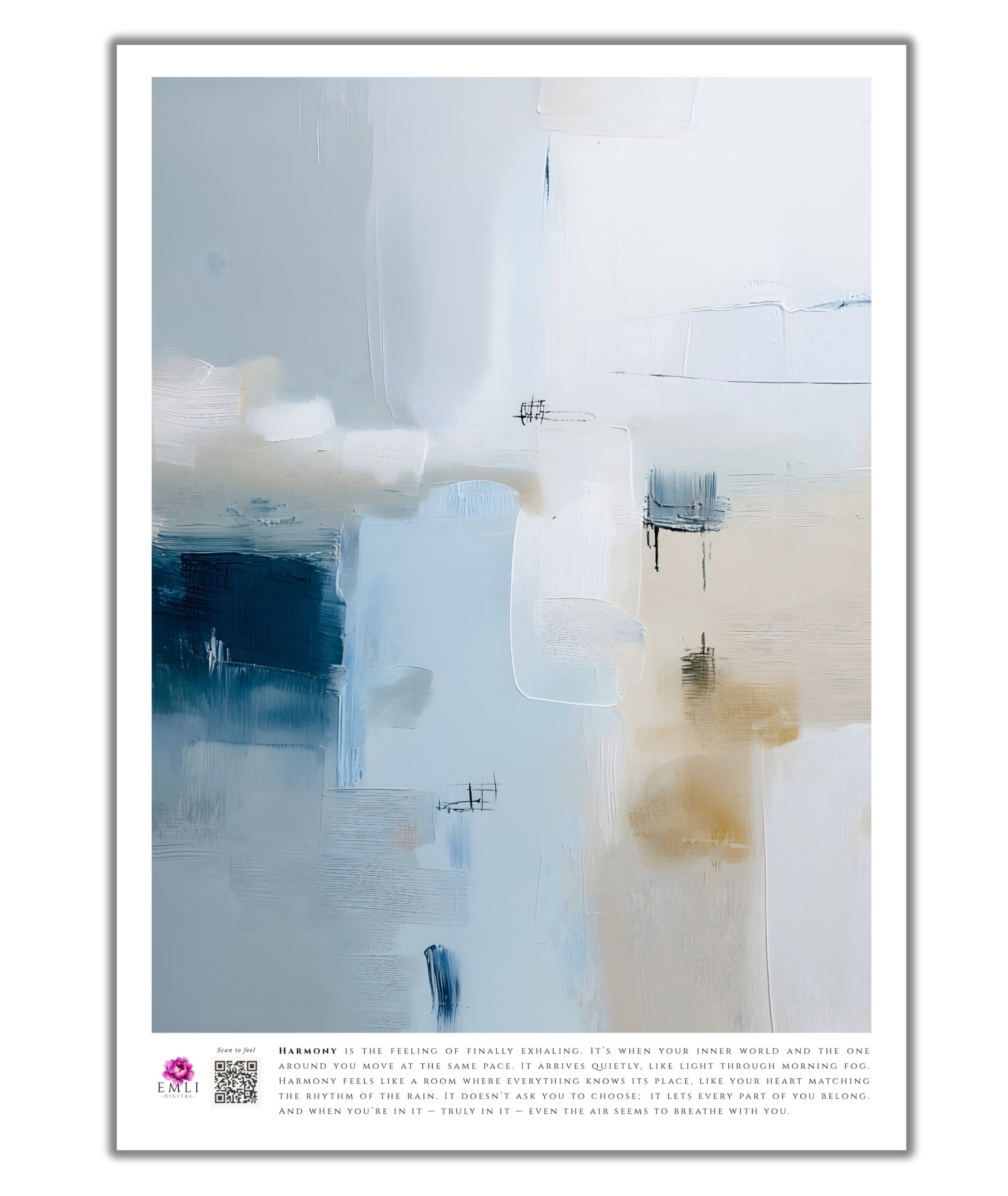 Abstract fine art print from the Harmony collection featuring soft blue, ivory, and beige tones with subtle textured brushstrokes. The composition blends cool and warm hues in a serene, minimalist balance, evoking calm, space, and gentle coastal light. Slow living art for mindful homes.