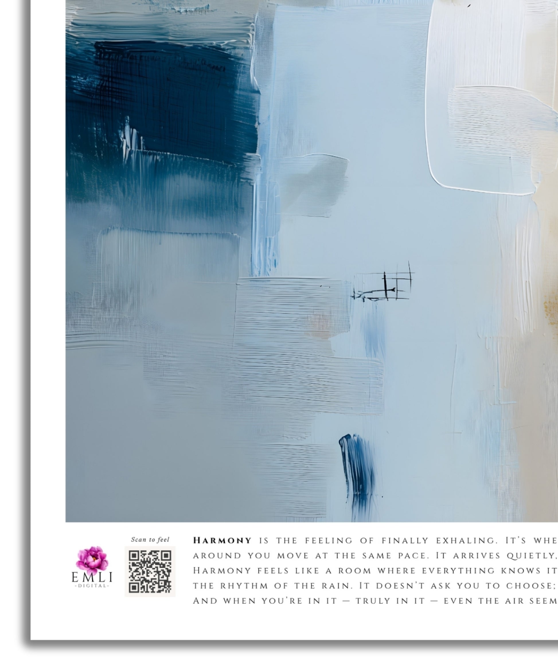 Abstract fine art print from the Harmony collection featuring soft blue, ivory, and beige tones with subtle textured brushstrokes. The composition blends cool and warm hues in a serene, minimalist balance, evoking calm, space, and gentle coastal light. Slow living art for mindful homes.