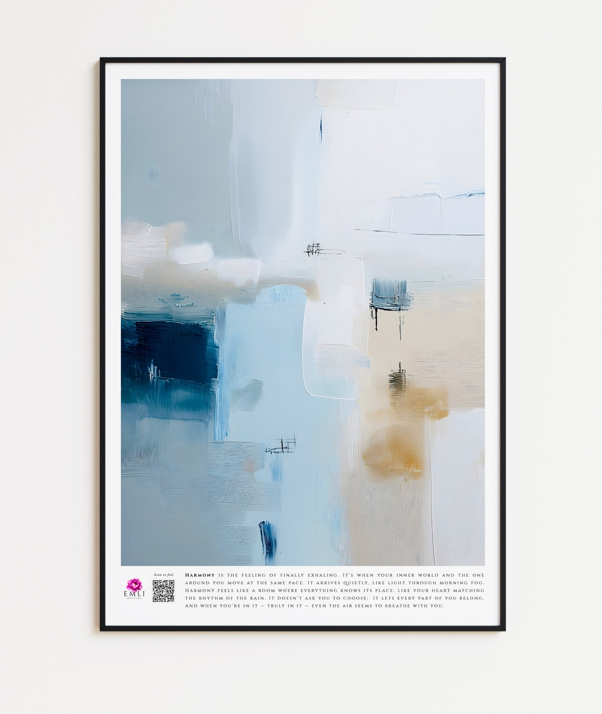 Abstract fine art print from the Harmony collection featuring soft blue, ivory, and beige tones with subtle textured brushstrokes. The composition blends cool and warm hues in a serene, minimalist balance, evoking calm, space, and gentle coastal light. Slow living art for mindful homes.