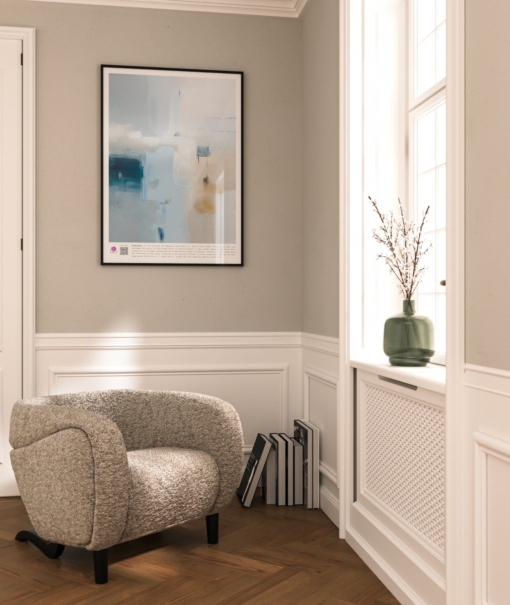 Abstract fine art print from the Harmony collection featuring soft blue, ivory, and beige tones with subtle textured brushstrokes. The composition blends cool and warm hues in a serene, minimalist balance, evoking calm, space, and gentle coastal light. Slow living art for mindful homes.