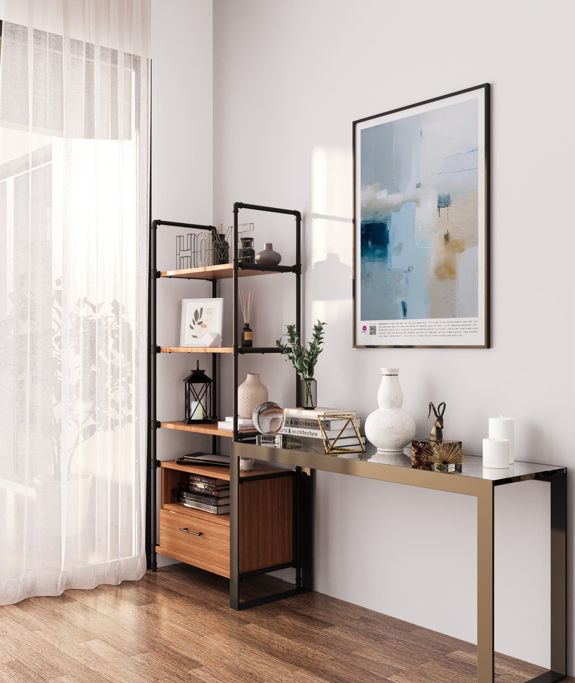 Abstract fine art print from the Harmony collection featuring soft blue, ivory, and beige tones with subtle textured brushstrokes. The composition blends cool and warm hues in a serene, minimalist balance, evoking calm, space, and gentle coastal light. Slow living art for mindful homes.