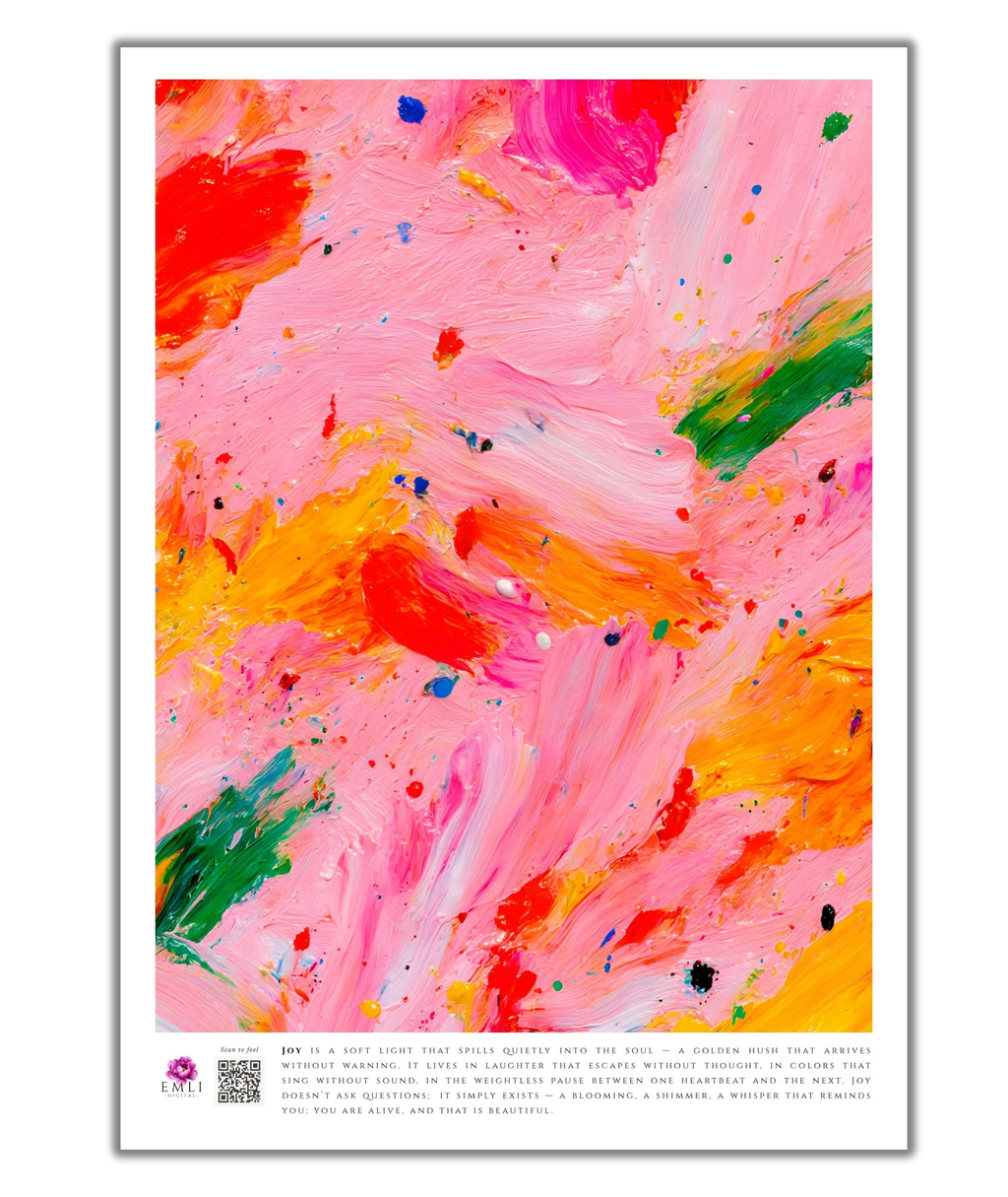 Bright pink abstract print with orange, green, and red brushstrokes — a vibrant digital artwork celebrating joy in its most playful form.