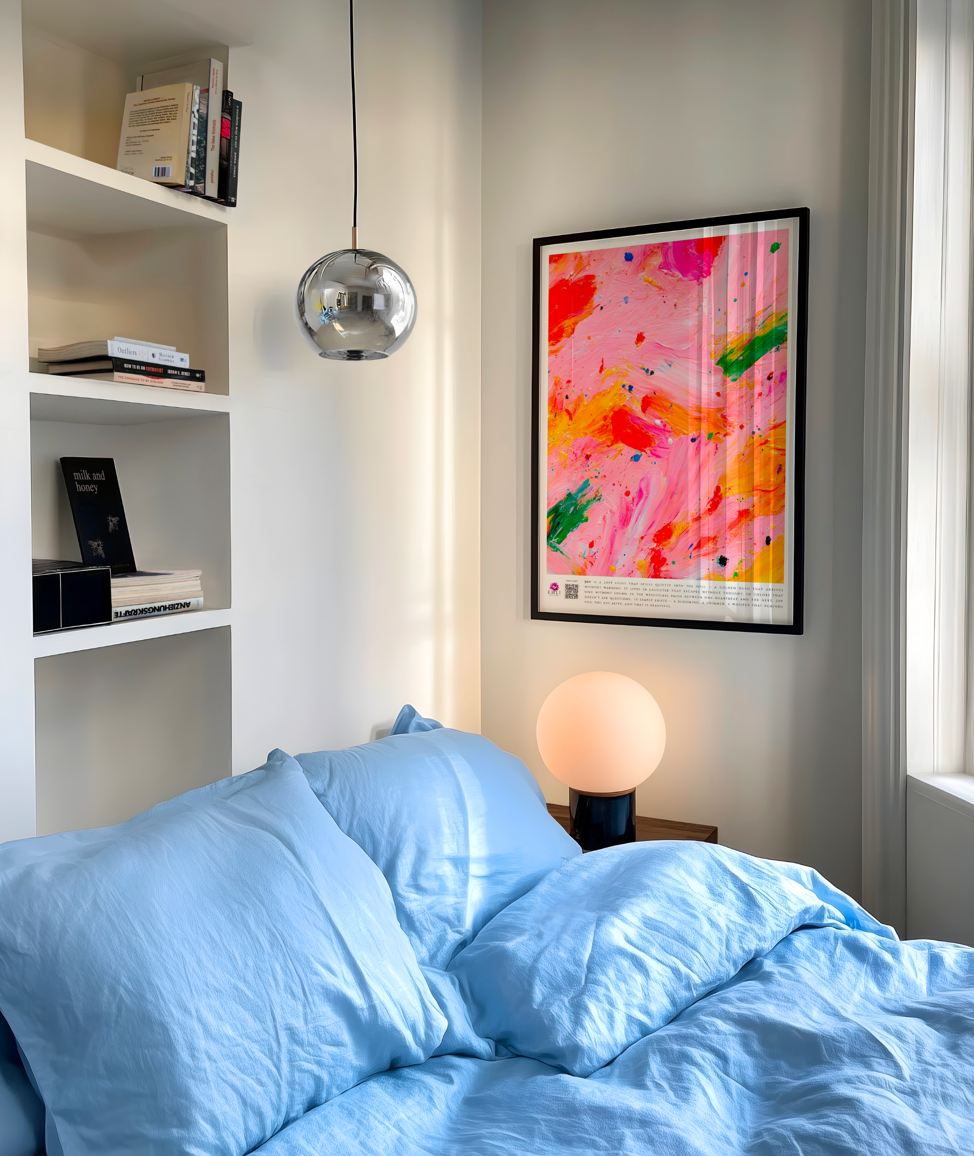 Bright pink abstract print with orange, green, and red brushstrokes — a vibrant digital artwork celebrating joy in its most playful form.
