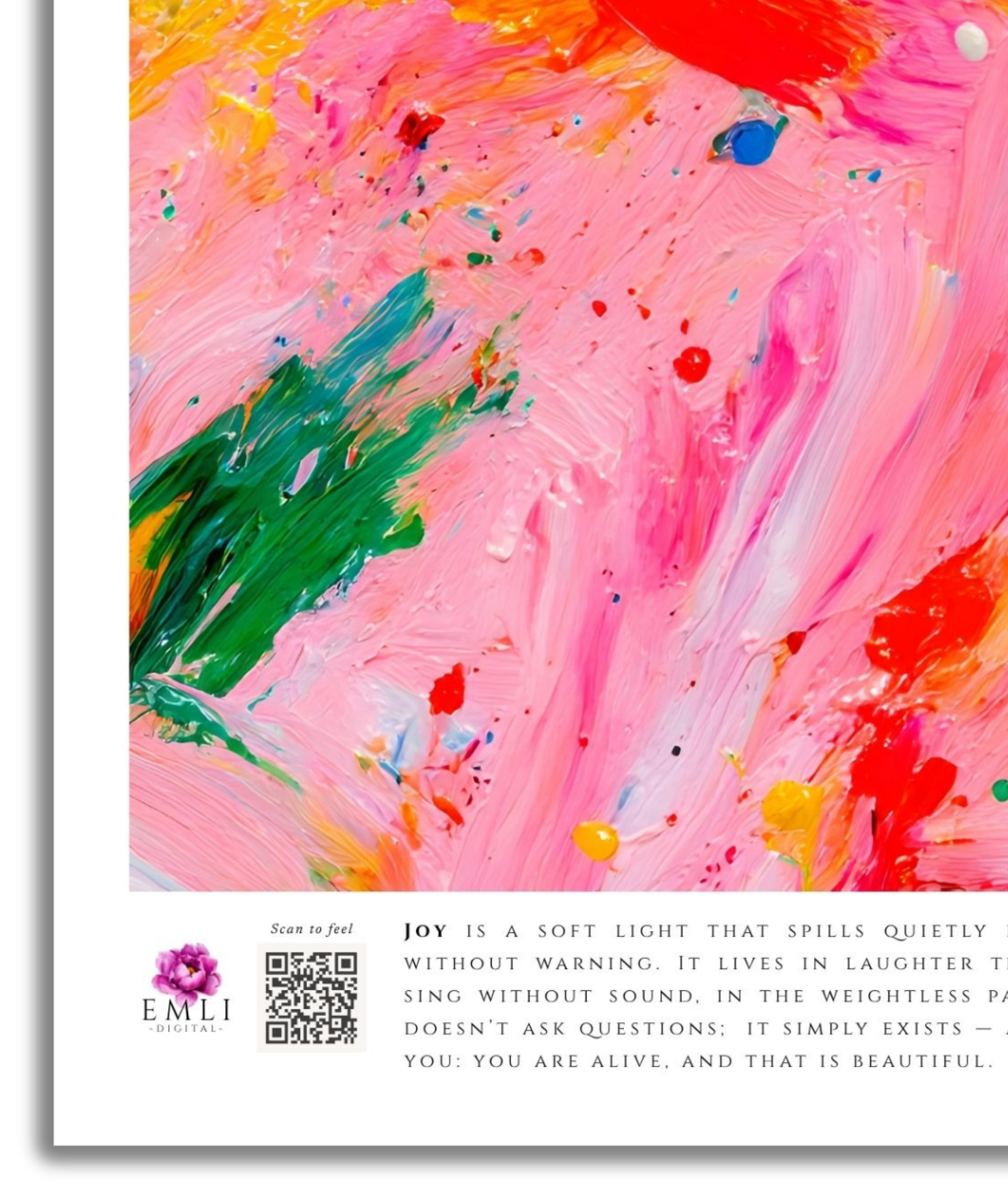 Bright pink abstract print with orange, green, and red brushstrokes — a vibrant digital artwork celebrating joy in its most playful form.
