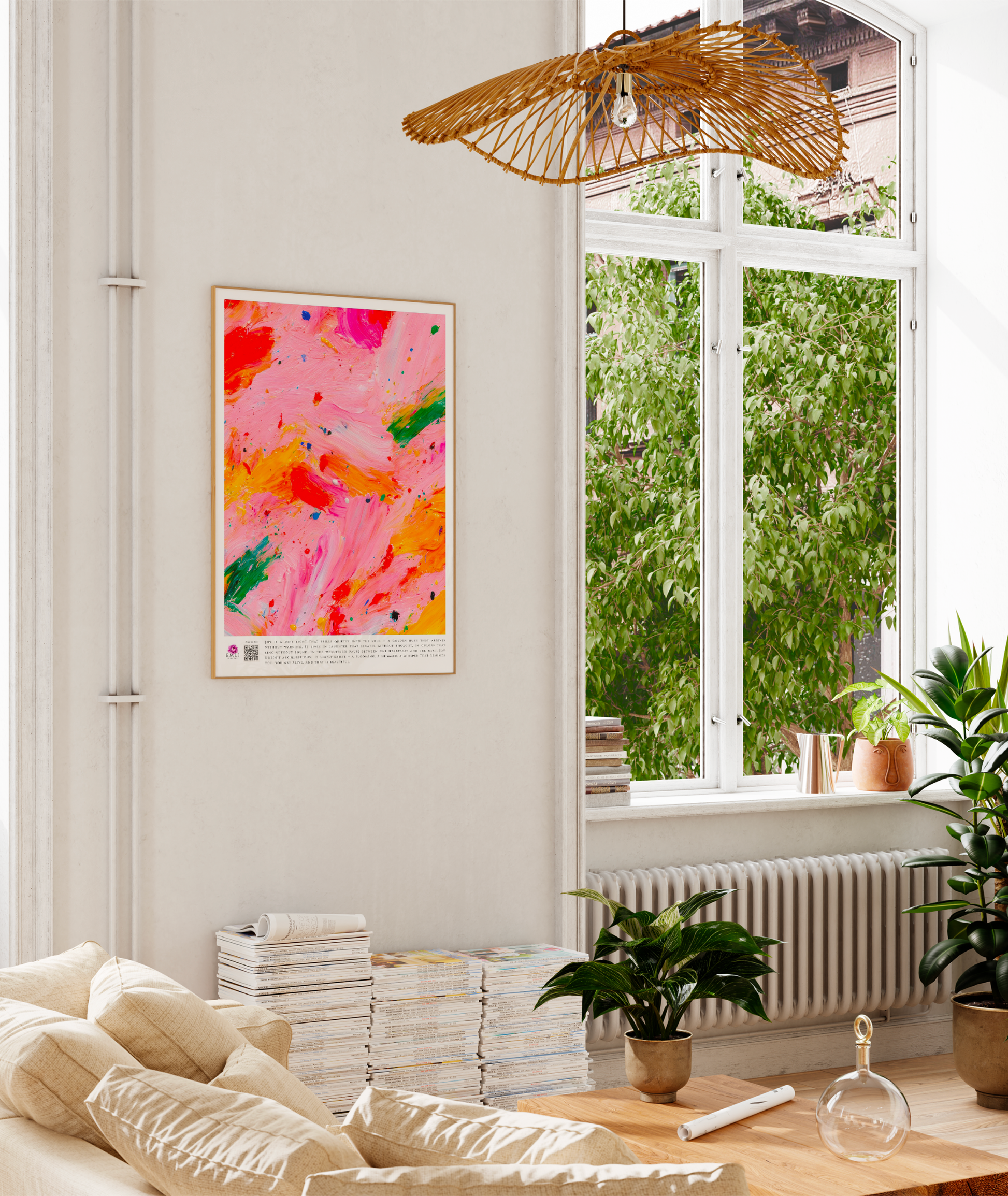 Bright pink abstract print with orange, green, and red brushstrokes — a vibrant digital artwork celebrating joy in its most playful form.