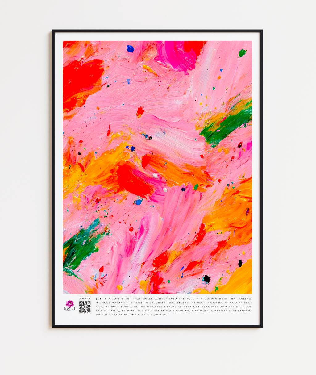 Bright pink abstract print with orange, green, and red brushstrokes — a vibrant digital artwork celebrating joy in its most playful form.