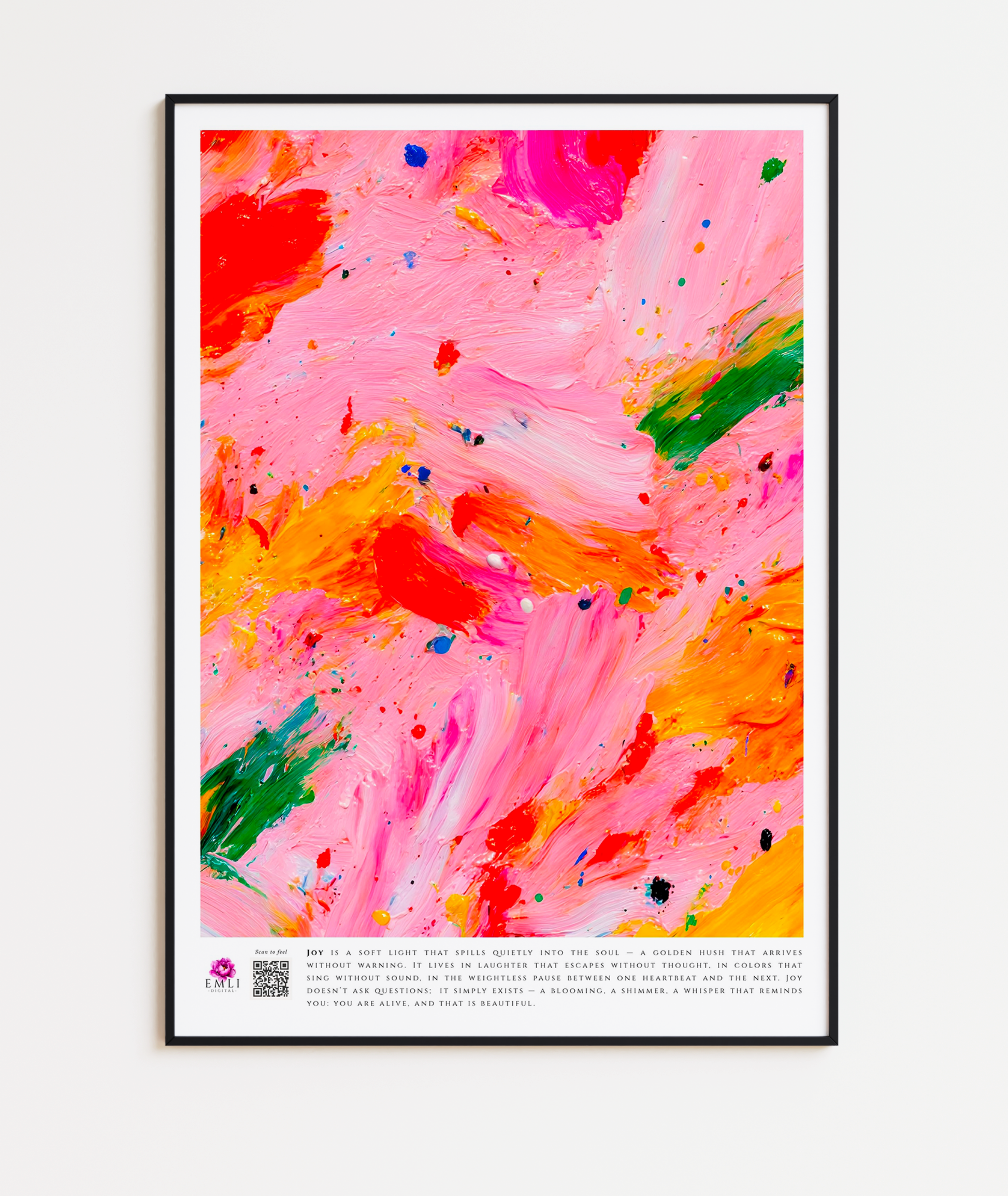 Bright pink abstract print with orange, green, and red brushstrokes — a vibrant digital artwork celebrating joy in its most playful form.