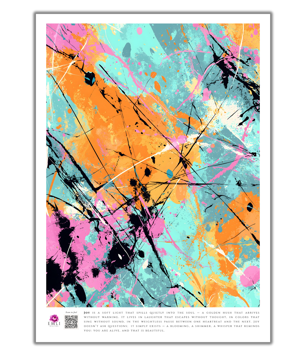 Energetic splatter-style print in orange, turquoise, pink and black — bold and expressive, a digital print full of movement and emotion.