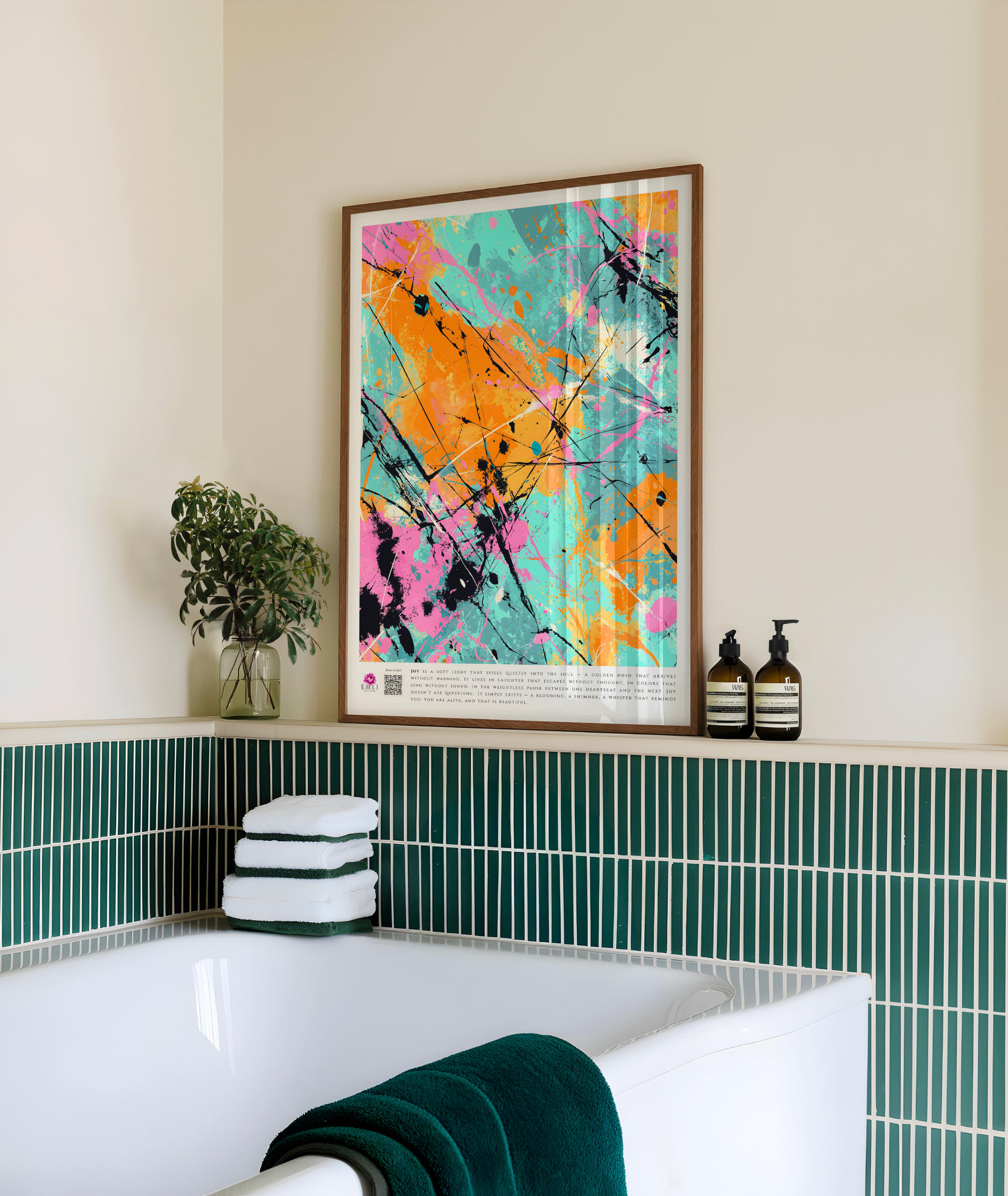Energetic splatter-style print in orange, turquoise, pink and black — bold and expressive, a digital print full of movement and emotion.